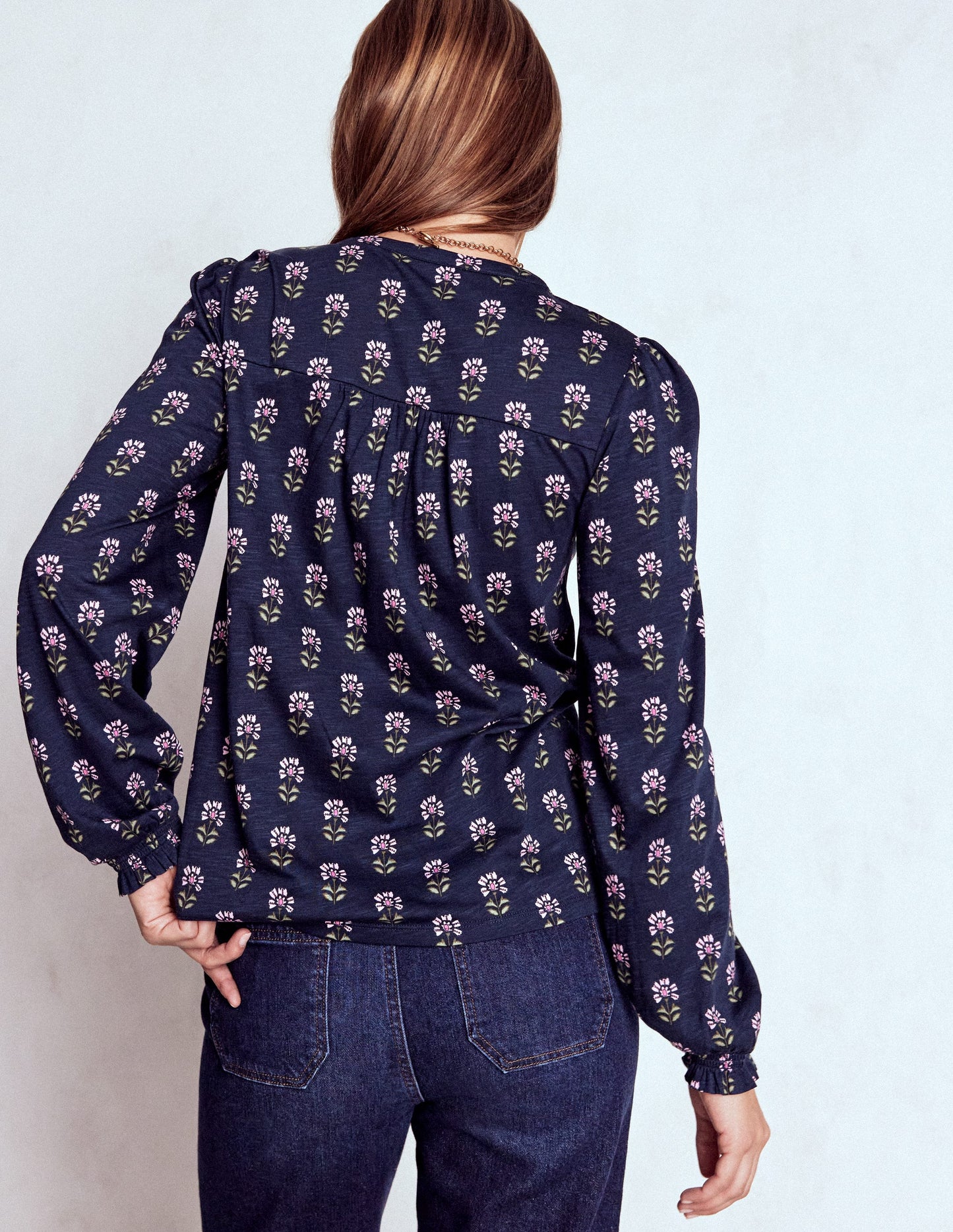 Elsa Smocked Yoke Jersey Shirt-Navy, Woodblock Flower