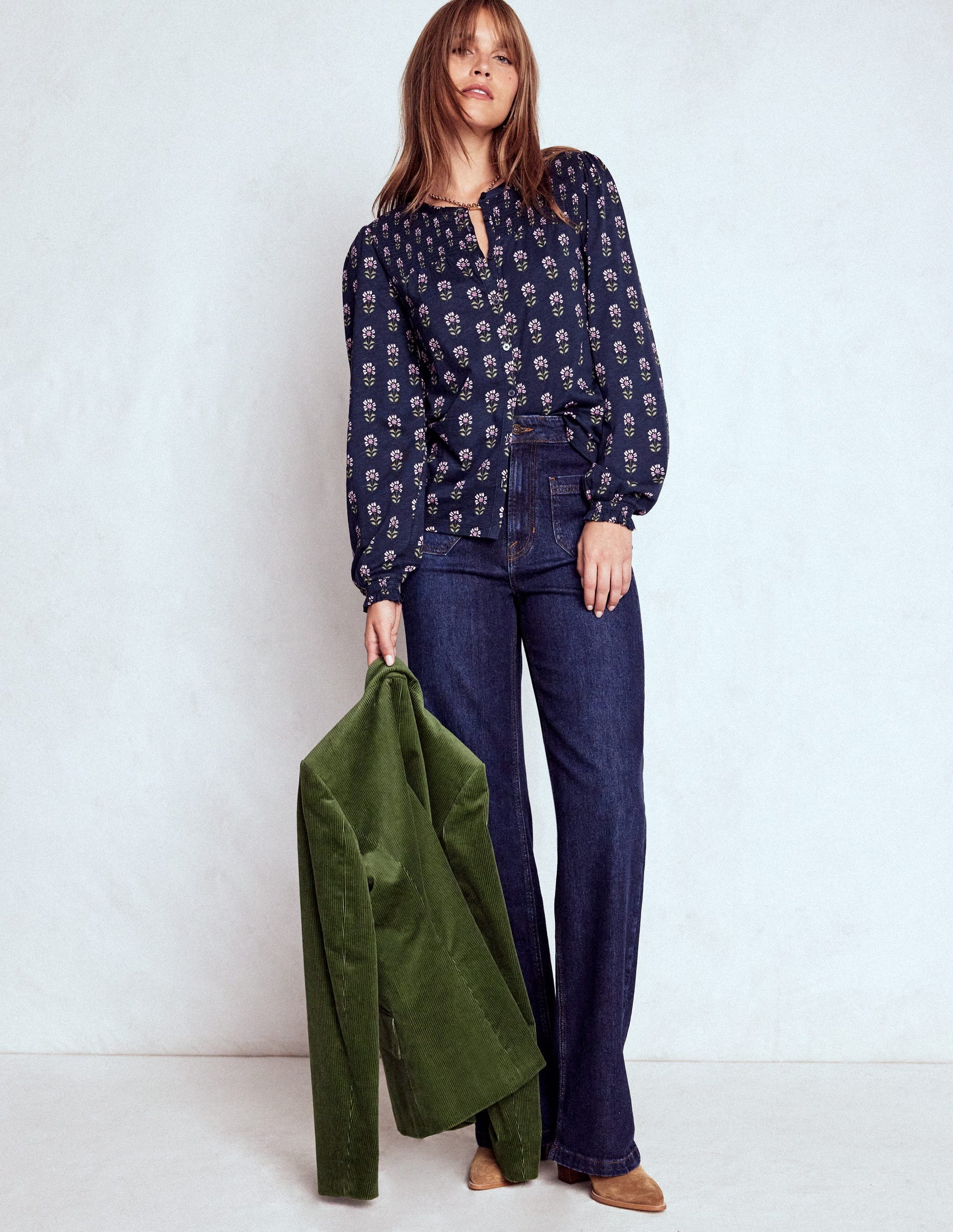 Elsa Smocked Yoke Jersey Shirt-Navy, Woodblock Flower-5