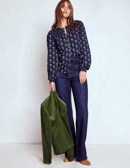 Elsa Smocked Yoke Jersey Shirt-Navy, Woodblock Flower-5