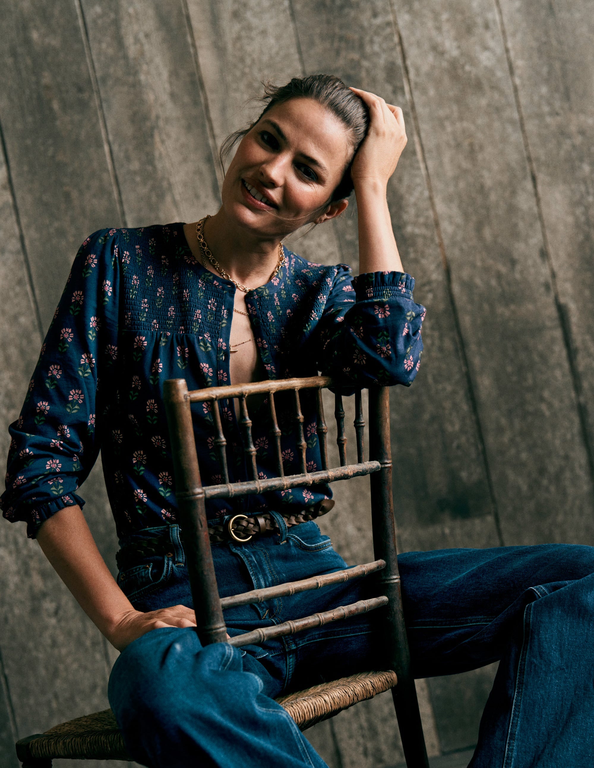 Elsa Smocked Yoke Jersey Shirt-Navy, Woodblock Flower | Boden USA