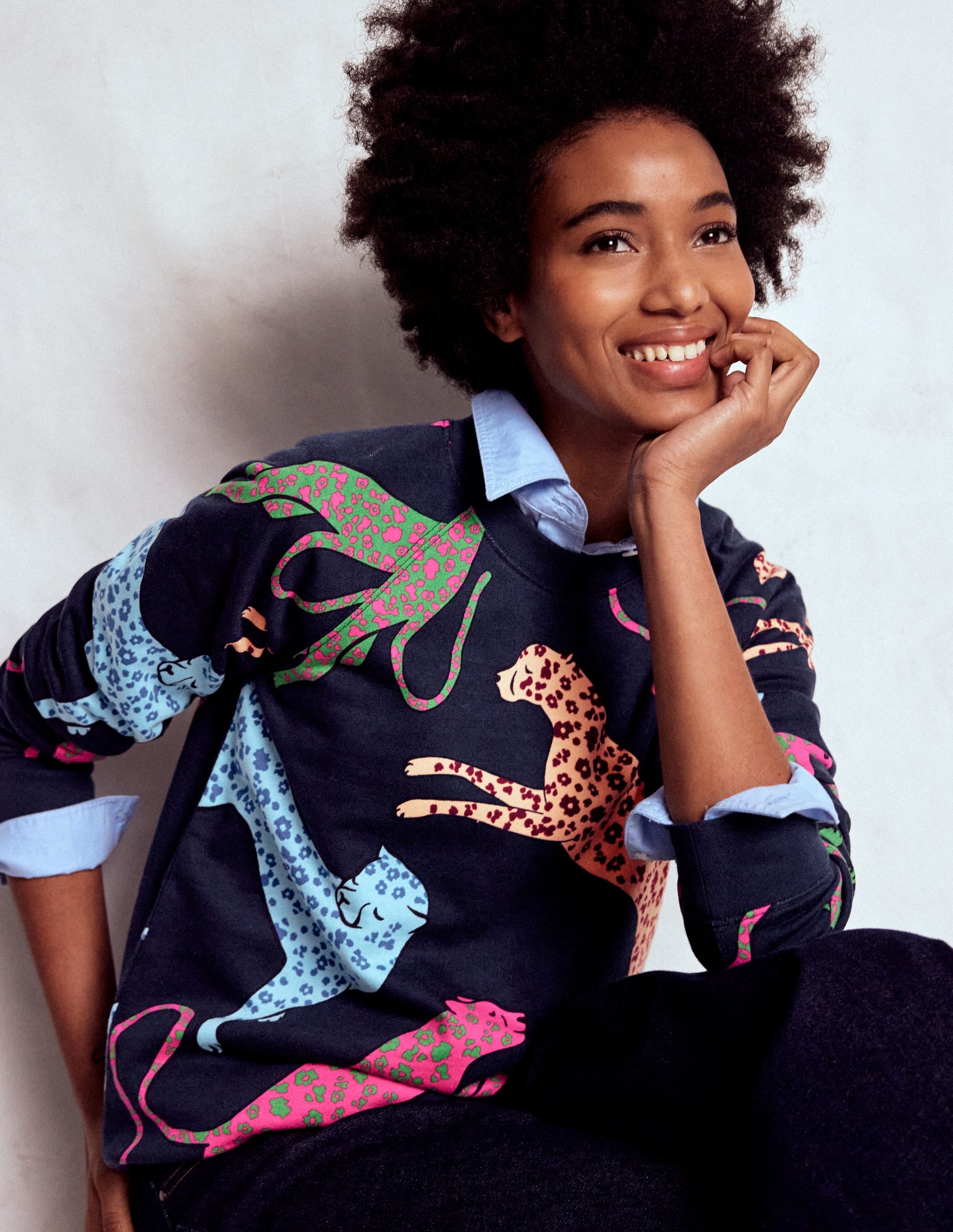 Rosa Printed Sweatshirt-Navy, Leaping Leopard - Image 1