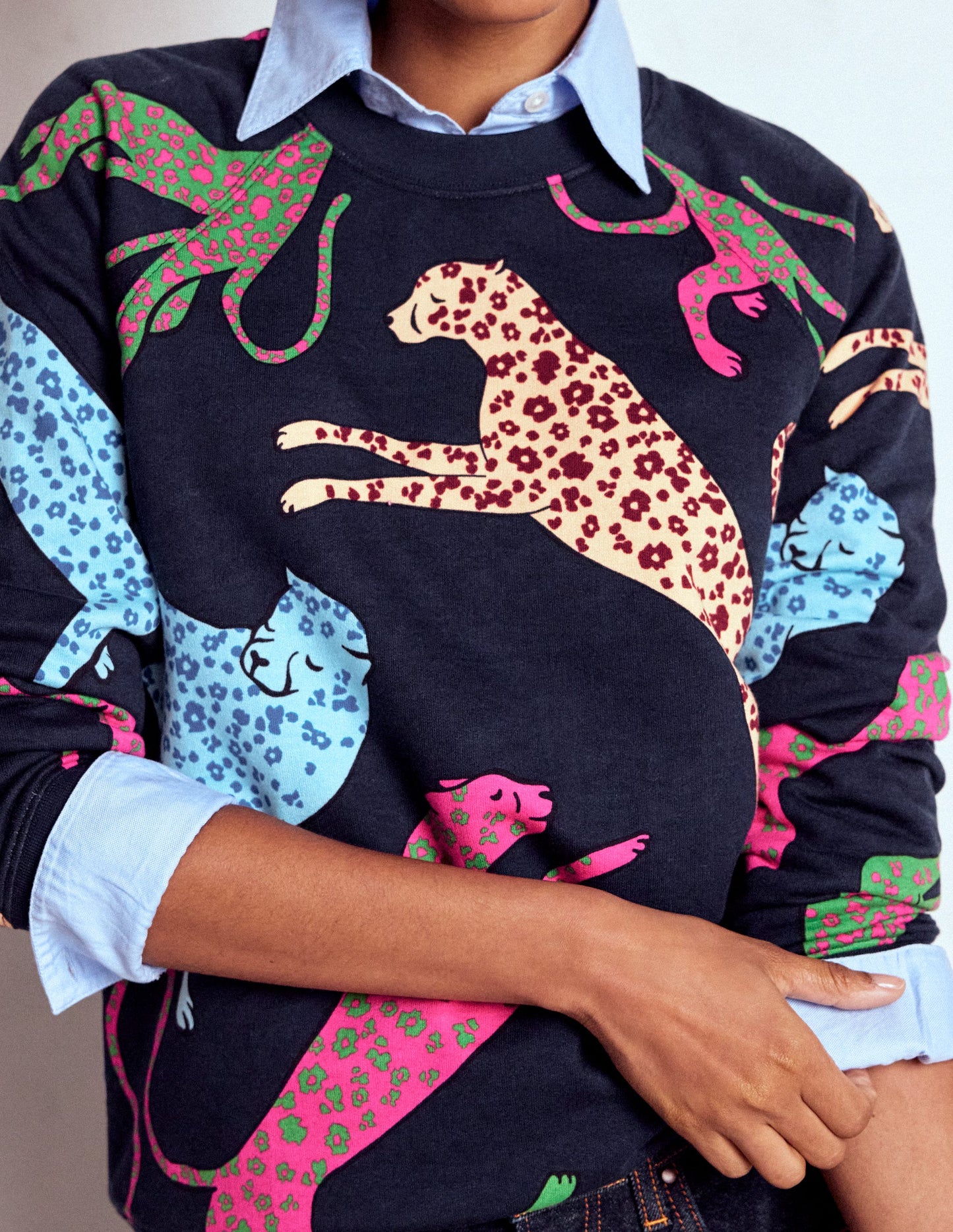 Rosa Printed Sweatshirt-Navy, Leaping Leopard