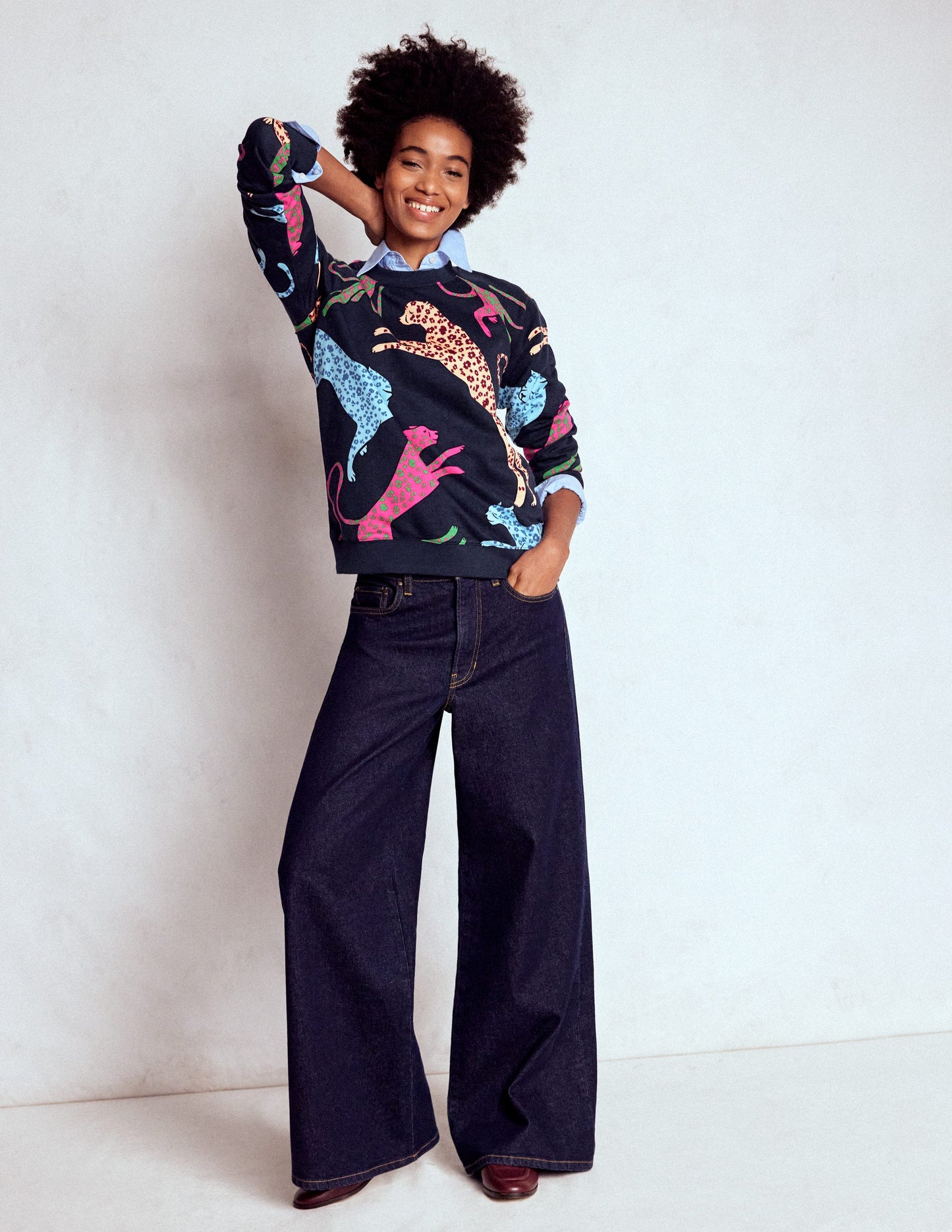 Rosa Printed Sweatshirt-Navy, Leaping Leopard