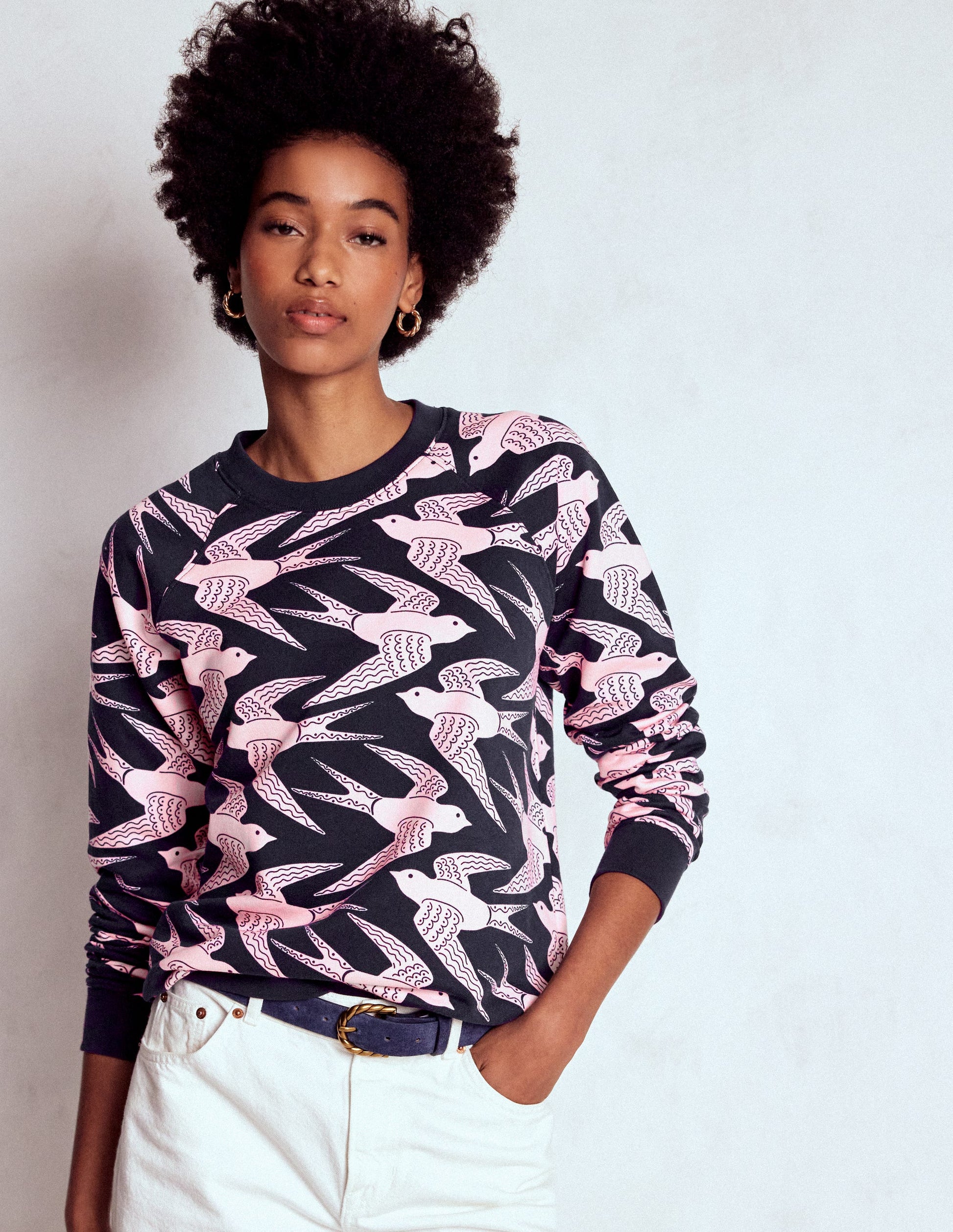 Rosa Printed Sweatshirt-Navy, Pink Swooping Swallow-1