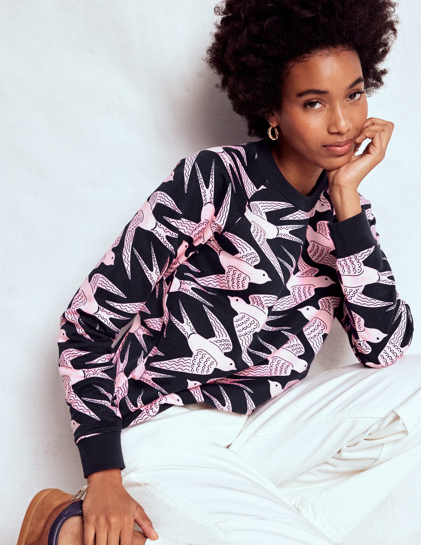 Rosa Printed Sweatshirt-Navy, Pink Swooping Swallow