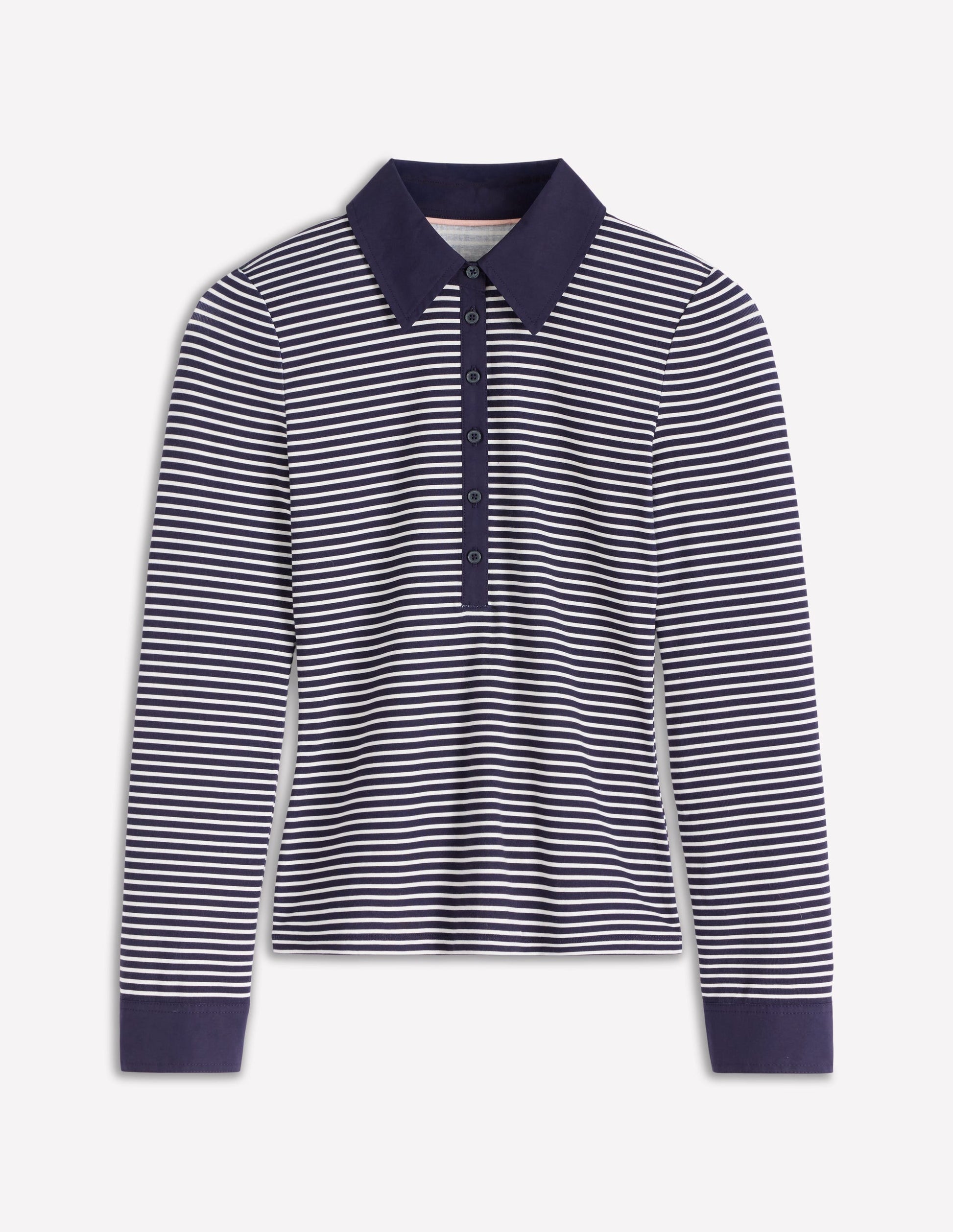 Collared Placket Jersey Shirt-Navy, Ivory Stripe-5