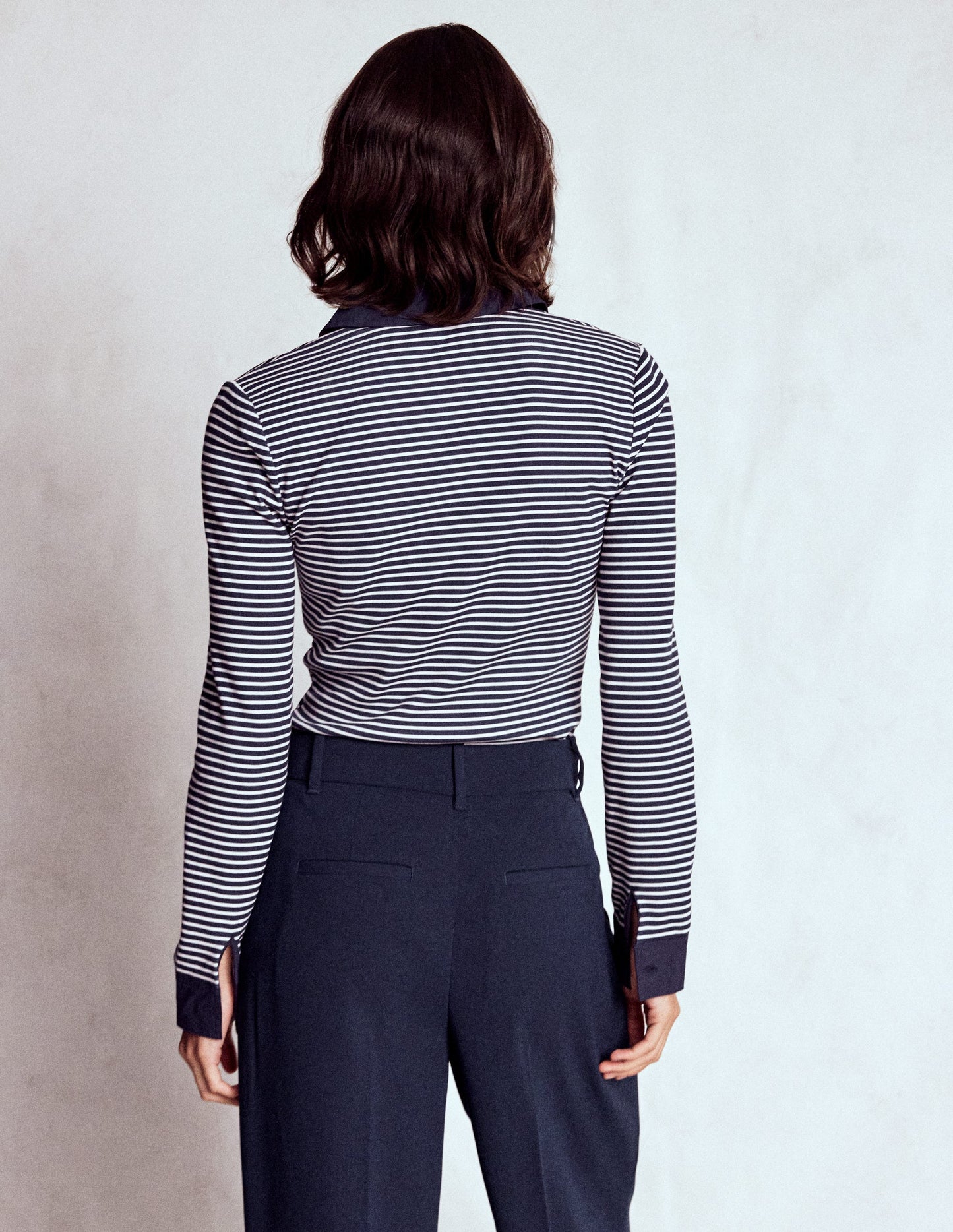 Collared Placket Jersey Shirt-Navy, Ivory Stripe
