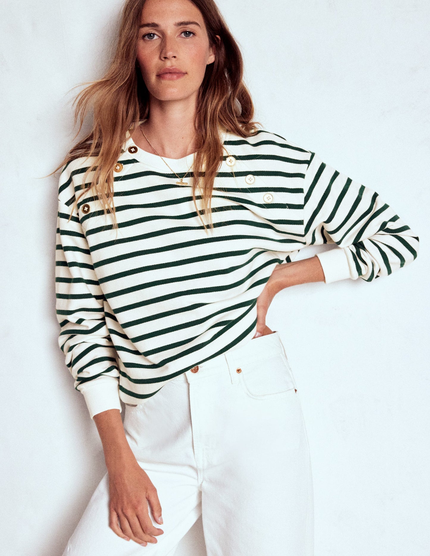 Button Detail Sweatshirt-Emerald Night, Ivory