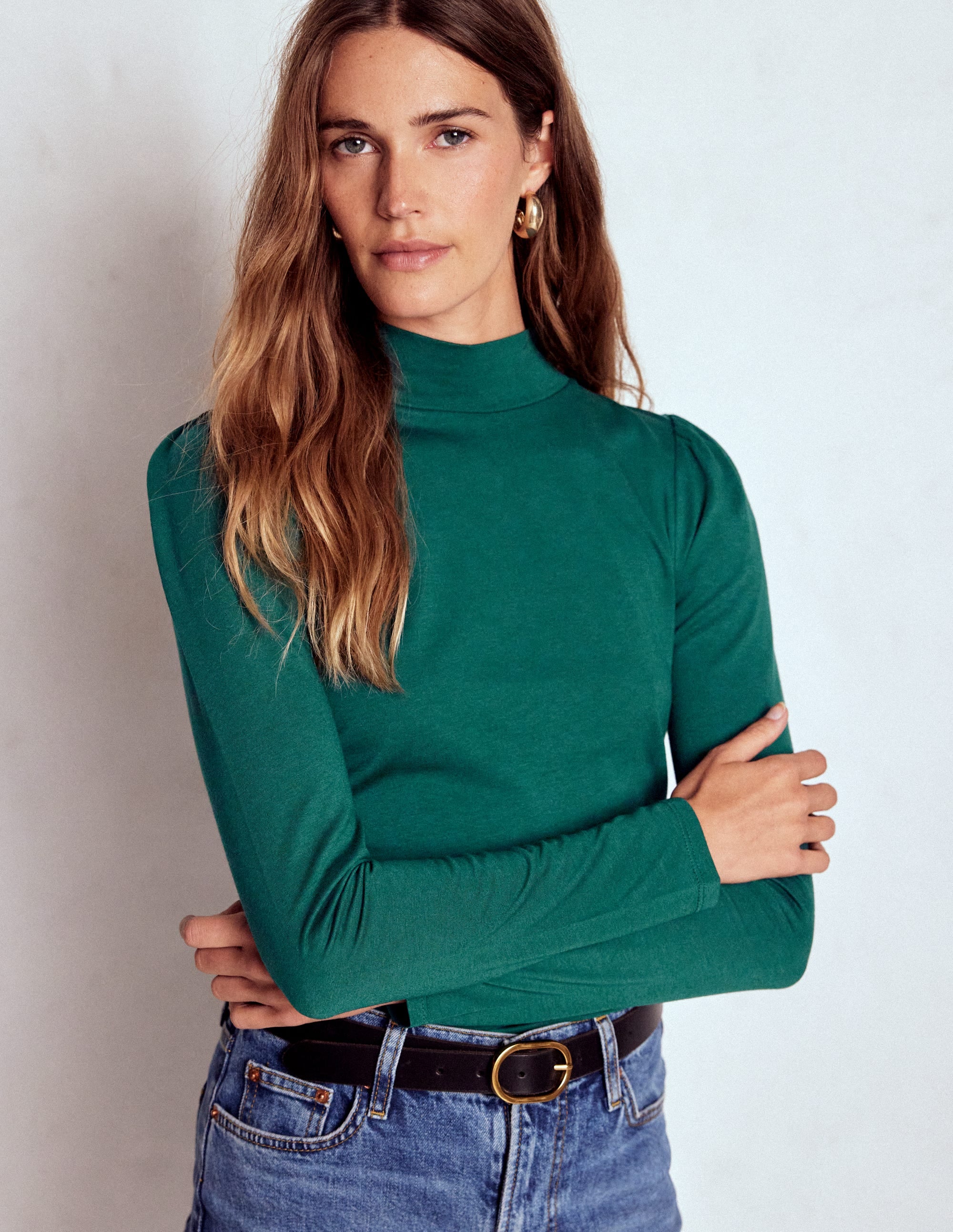 Puff Shoulder Jersey Top-Emerald Night - Image 4