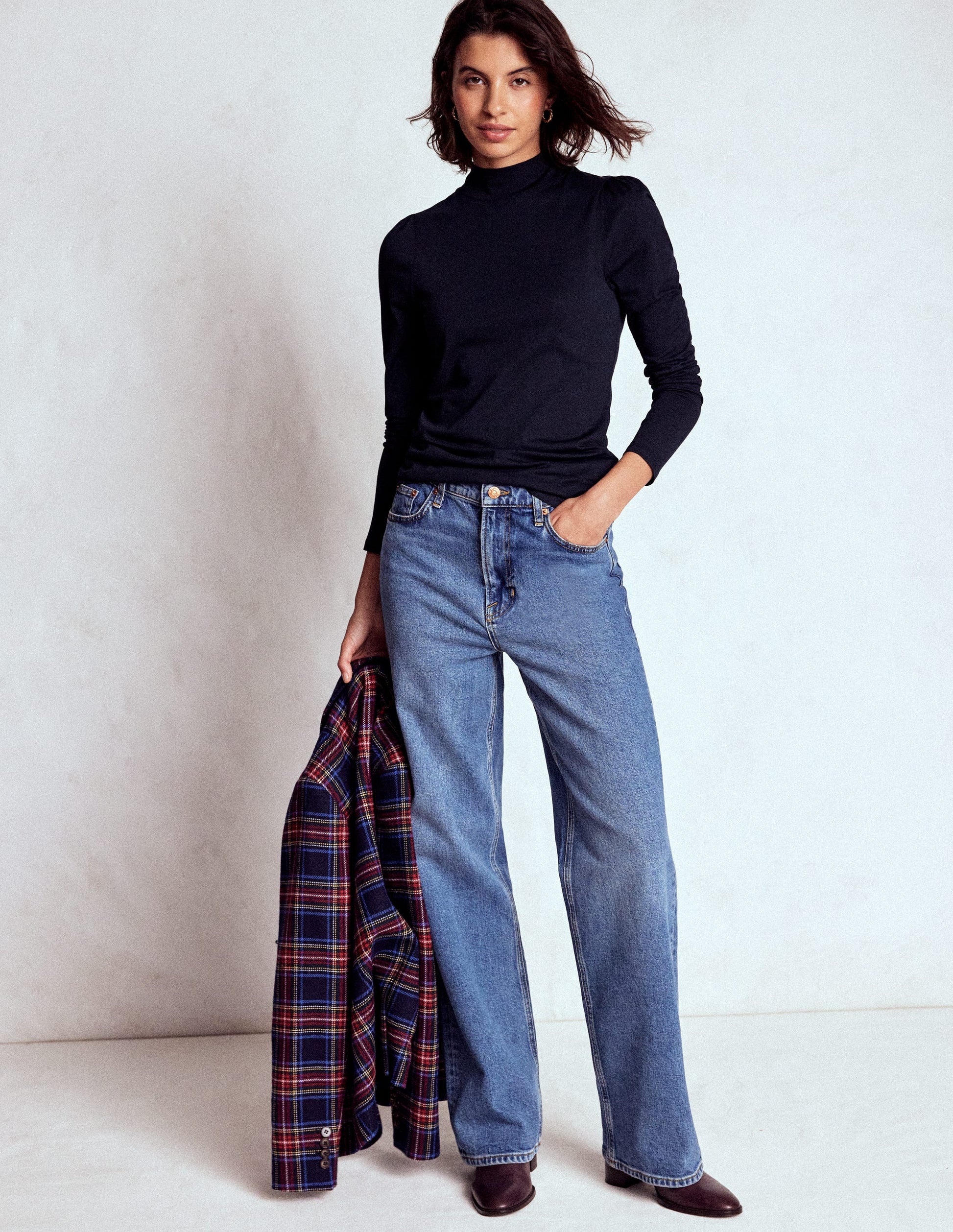 Puff Shoulder Jersey Top-Navy-3