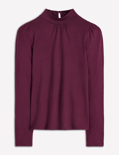 Puff Shoulder Jersey Top-Dark Cherry-5