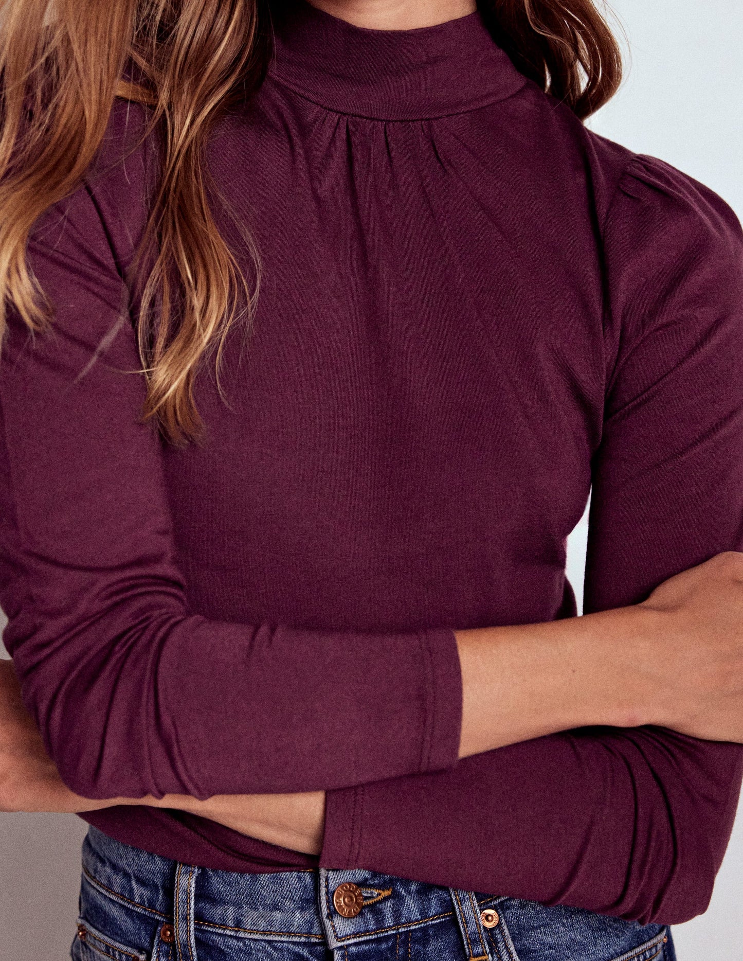 Puff Shoulder Jersey Top-Dark Cherry