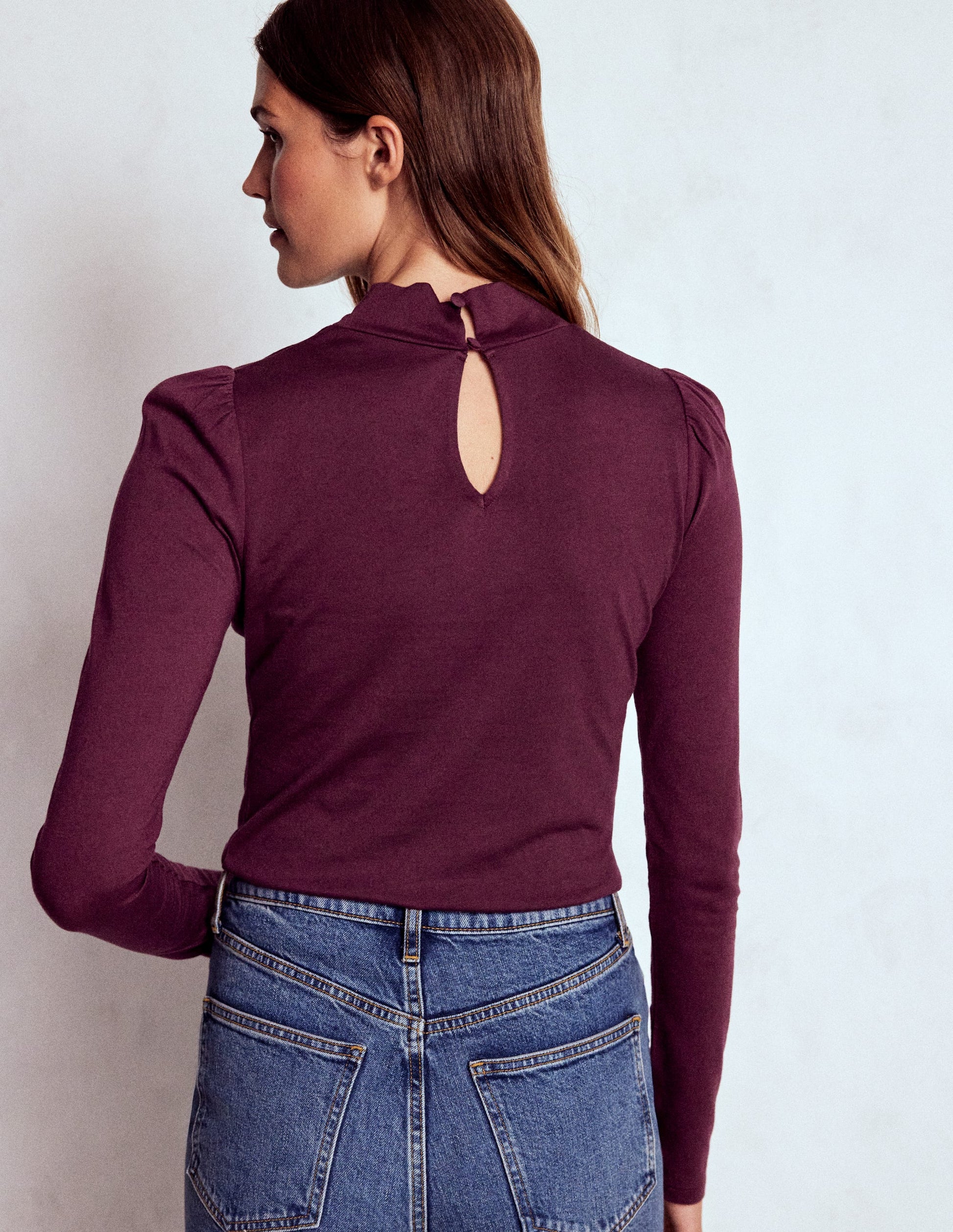 Puff Shoulder Jersey Top-Dark Cherry-4