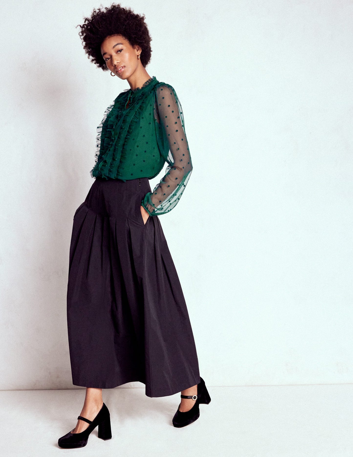 Frilled Tulle Blouse-Emerald Night