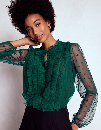 Frilled Tulle Blouse-Emerald Night-1