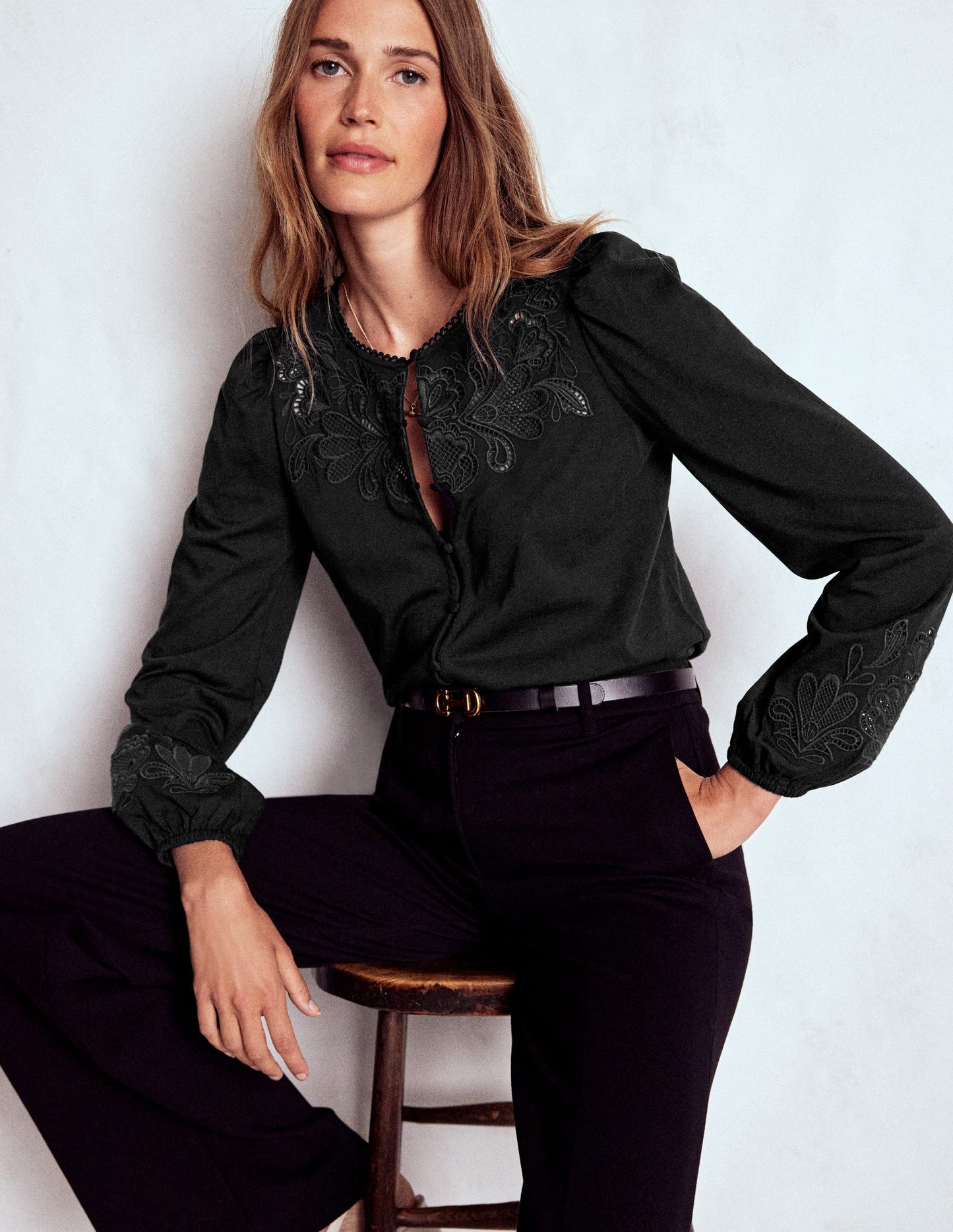 Cutwork Detail Jersey Top-Black