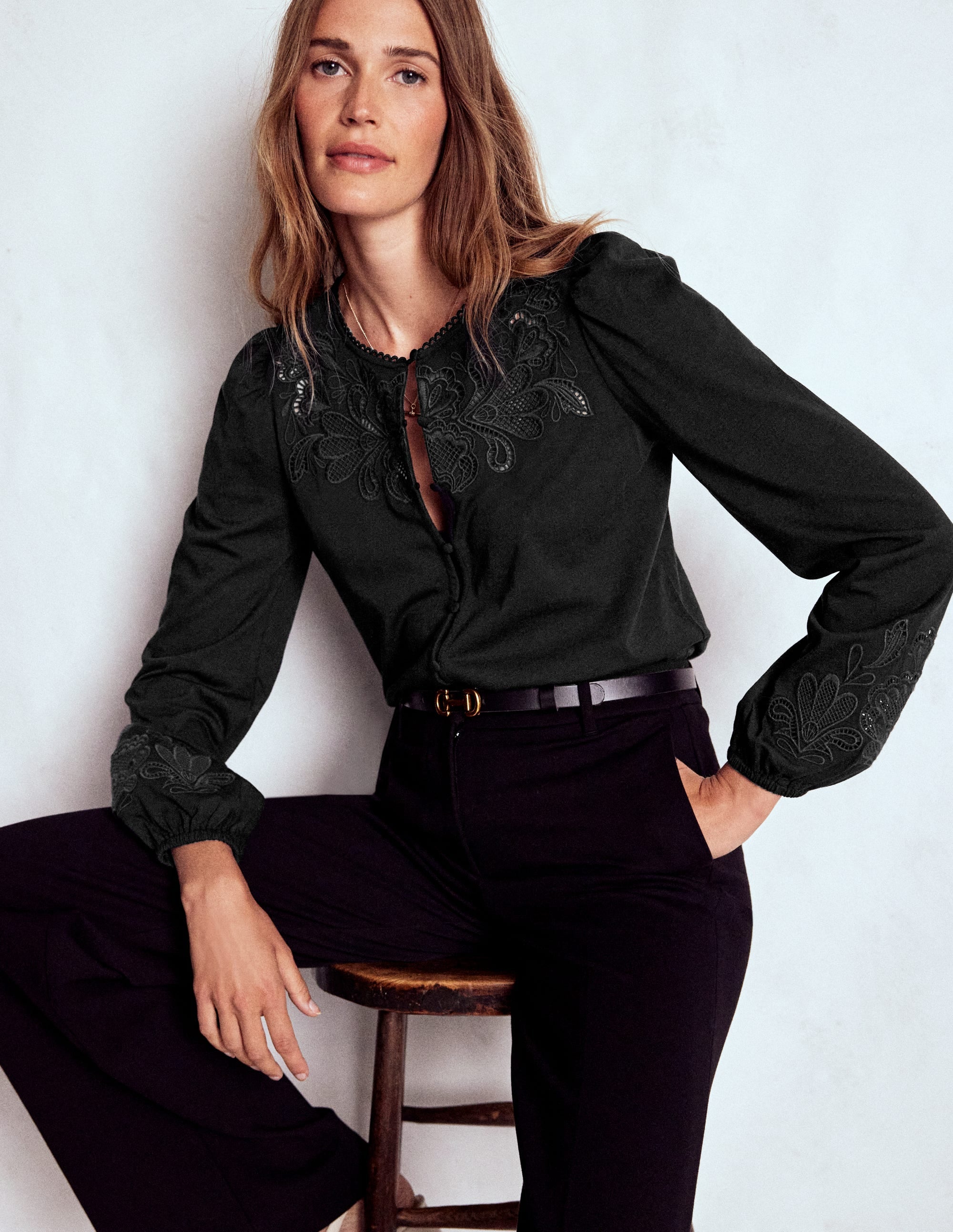 Cutwork Detail Jersey Top-Black - Image 1
