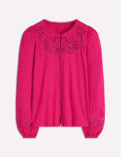 Cutwork Detail Jersey Top-Vibrant Pink-4
