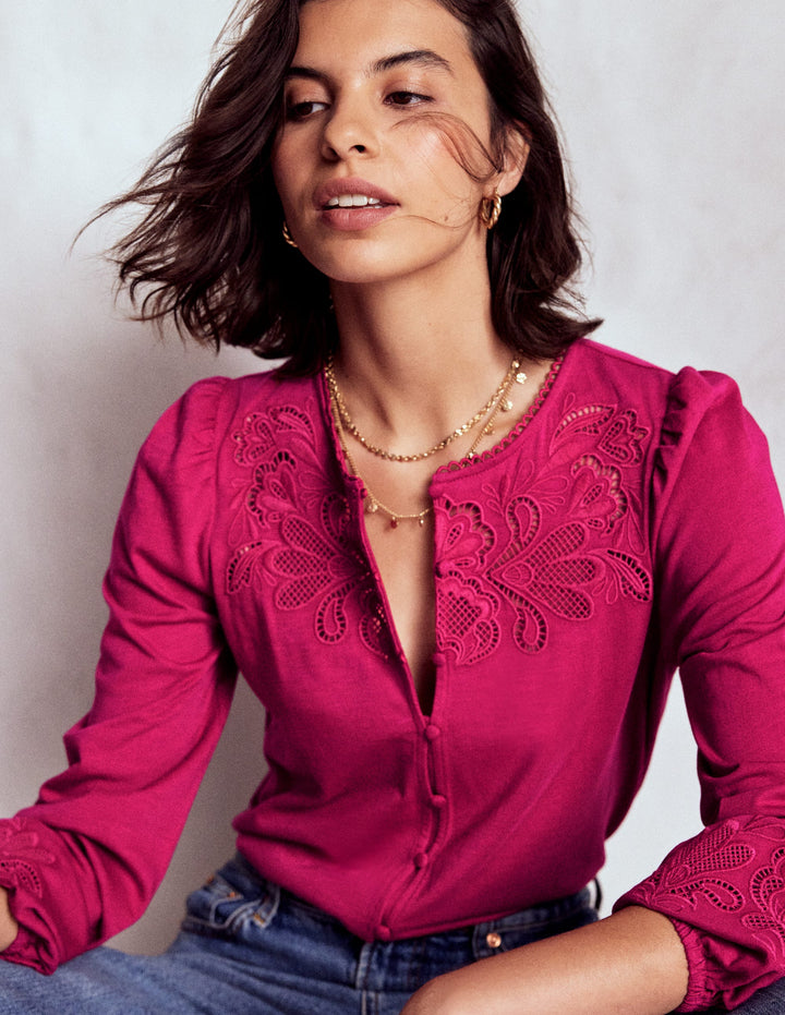 Cutwork Detail Jersey Top-Vibrant Pink