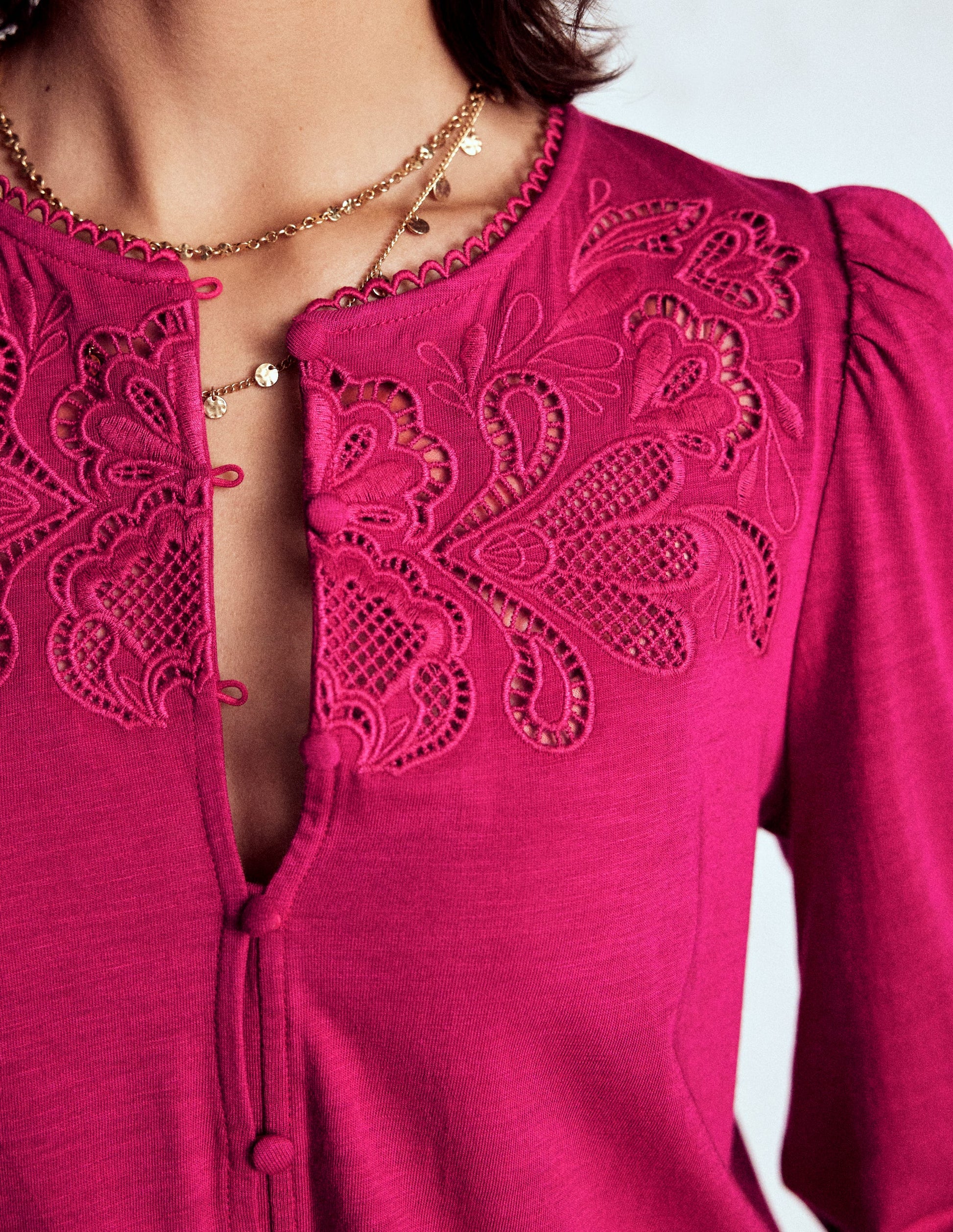 Cutwork Detail Jersey Top-Vibrant Pink-2