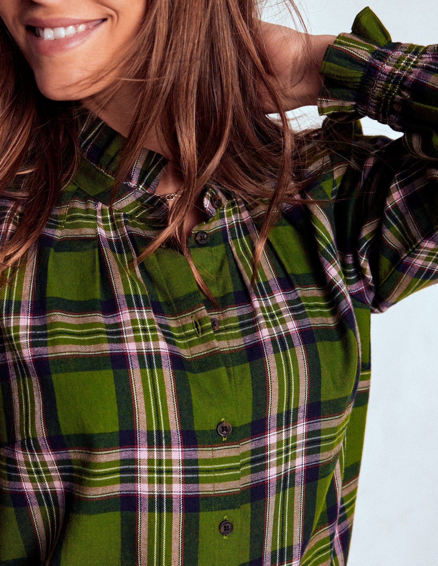 Lorna Brushed Cotton Top-Green, Navy & Pink Check