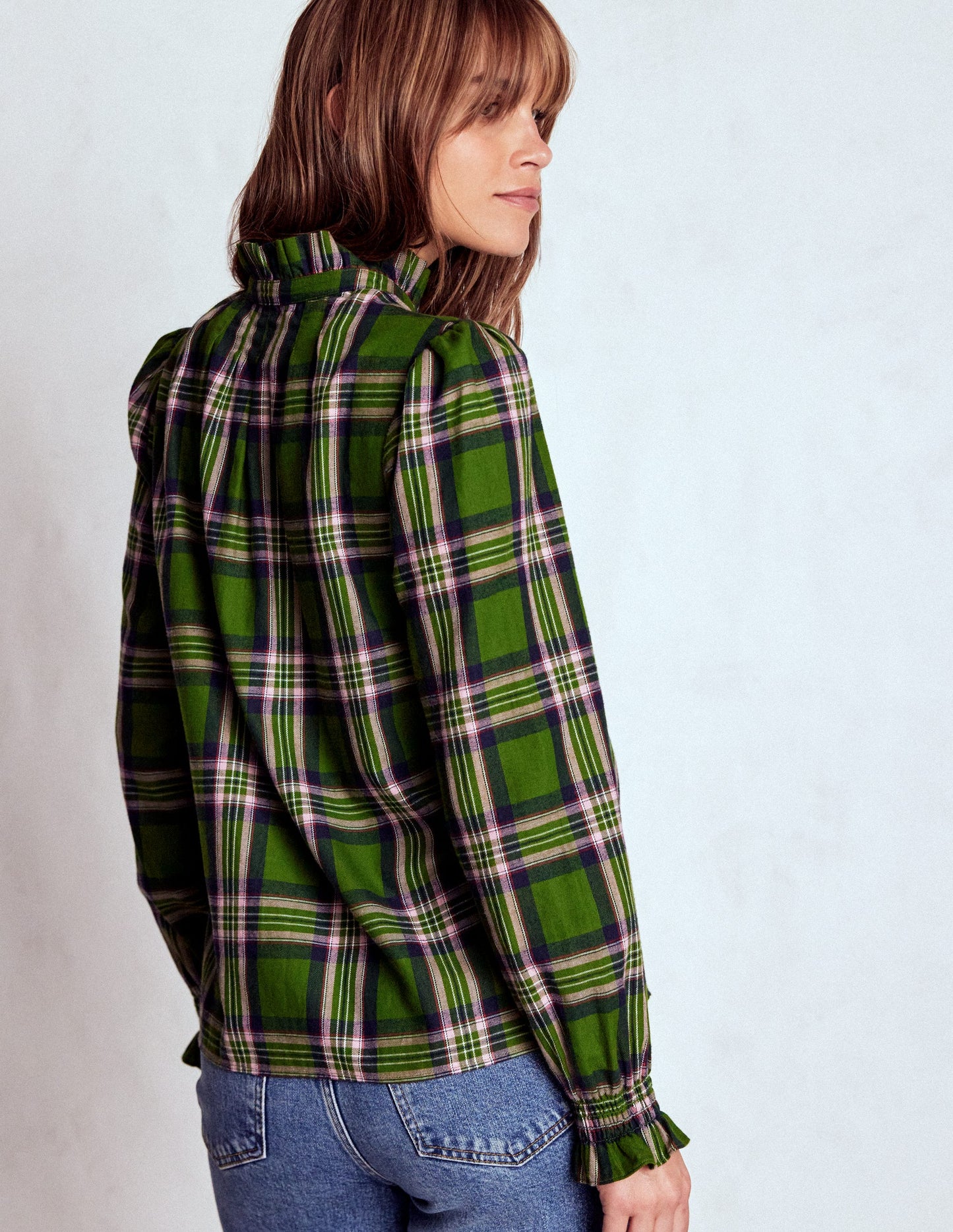 Lorna Brushed Cotton Top-Green, Navy & Pink Check