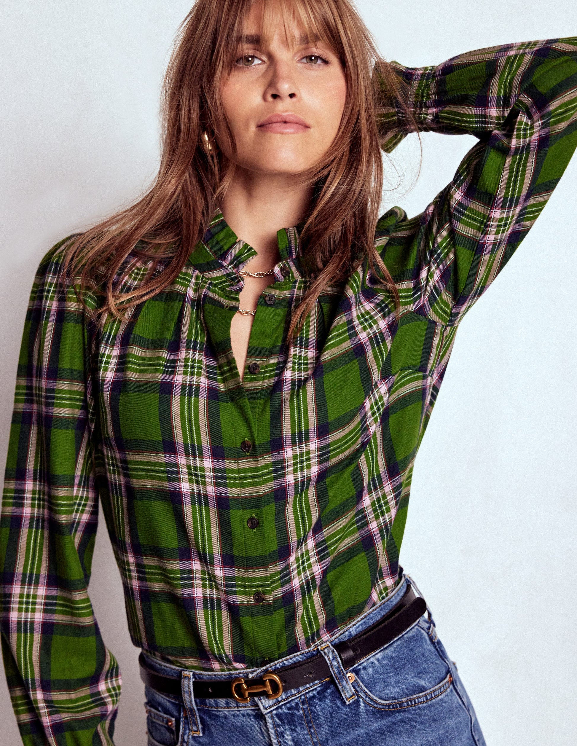 Lorna Brushed Cotton Top-Green, Navy & Pink Check-6