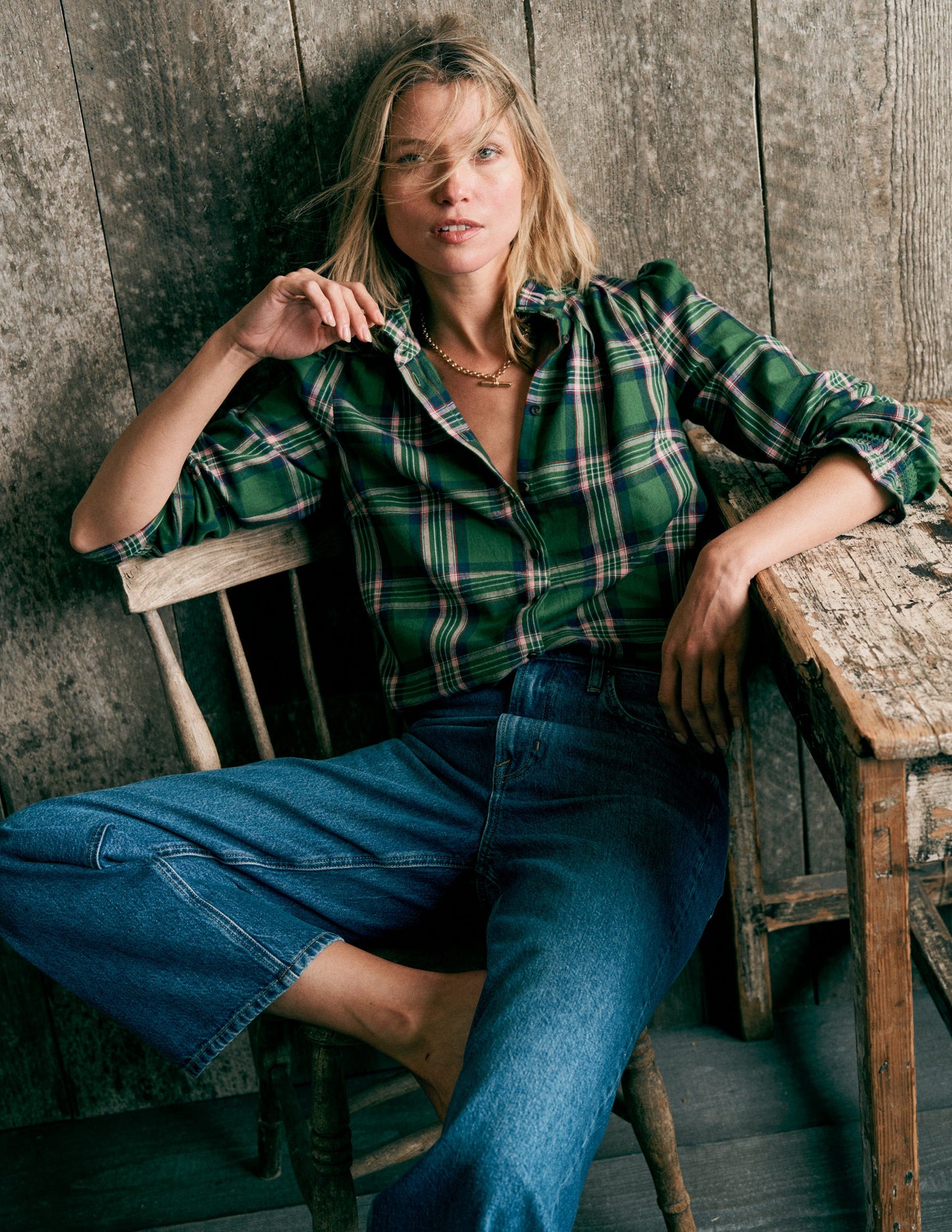 Lorna Brushed Cotton Top-Green, Navy & Pink Check