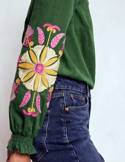 Lorna Cord Top-Hunter Green Embroidered-2