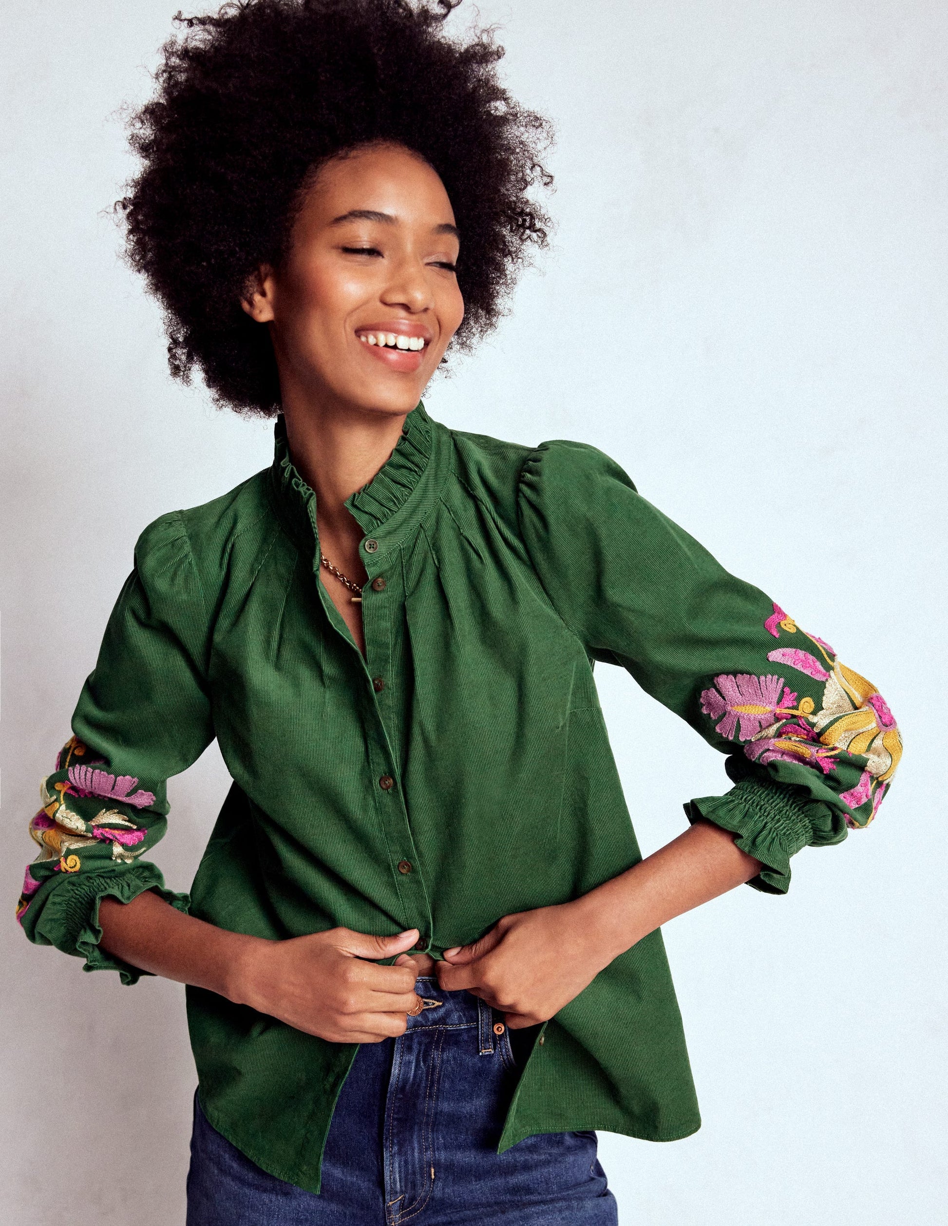 Lorna Cord Top-Hunter Green Embroidered-4