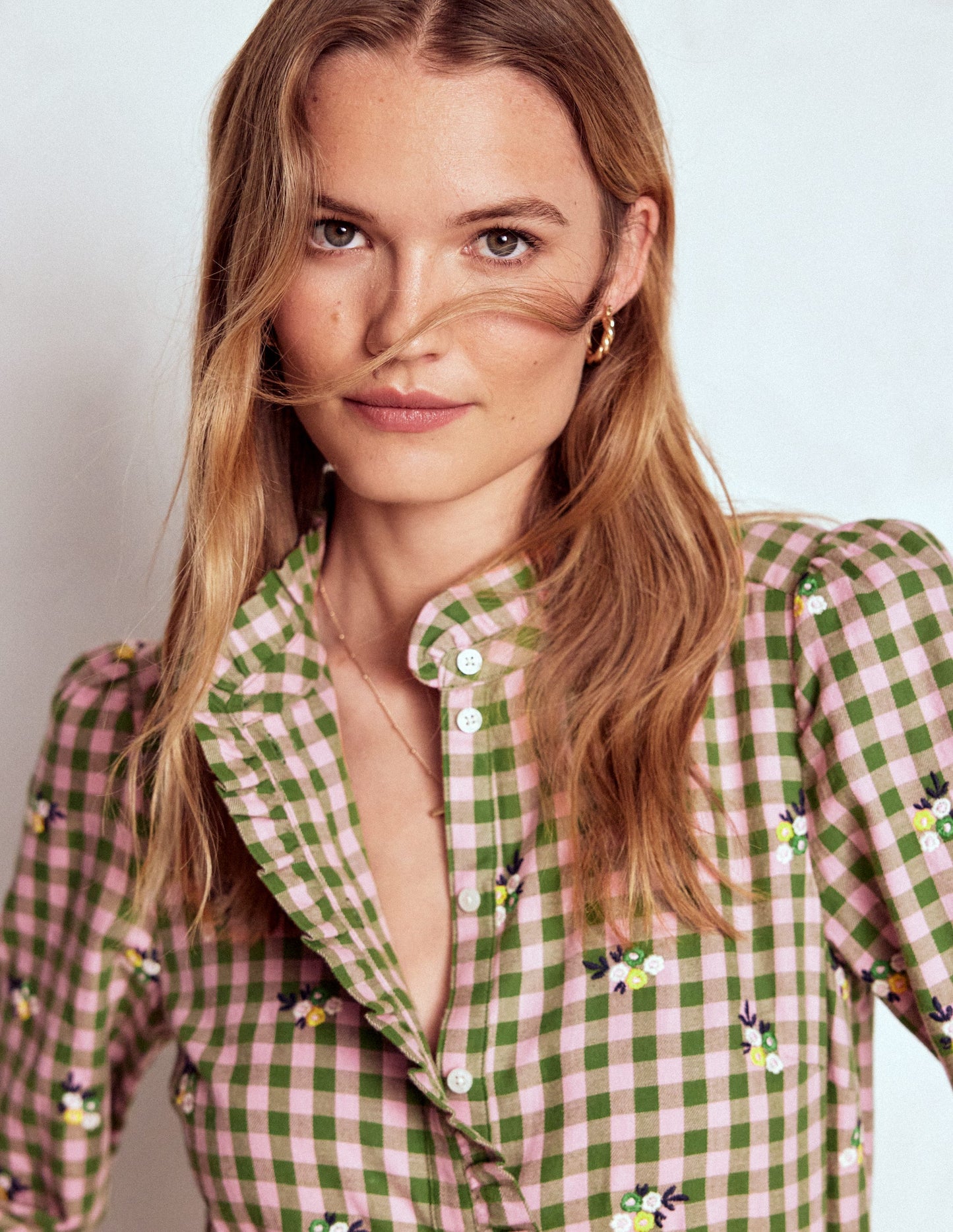 Helena Brushed Cotton Top-Green and Pink Floral Check