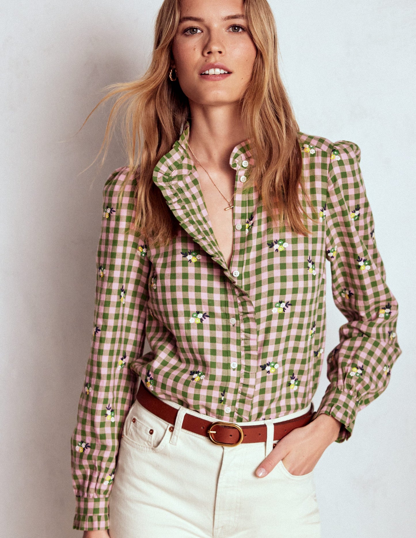 Helena Brushed Cotton Top-Green and Pink Floral Check