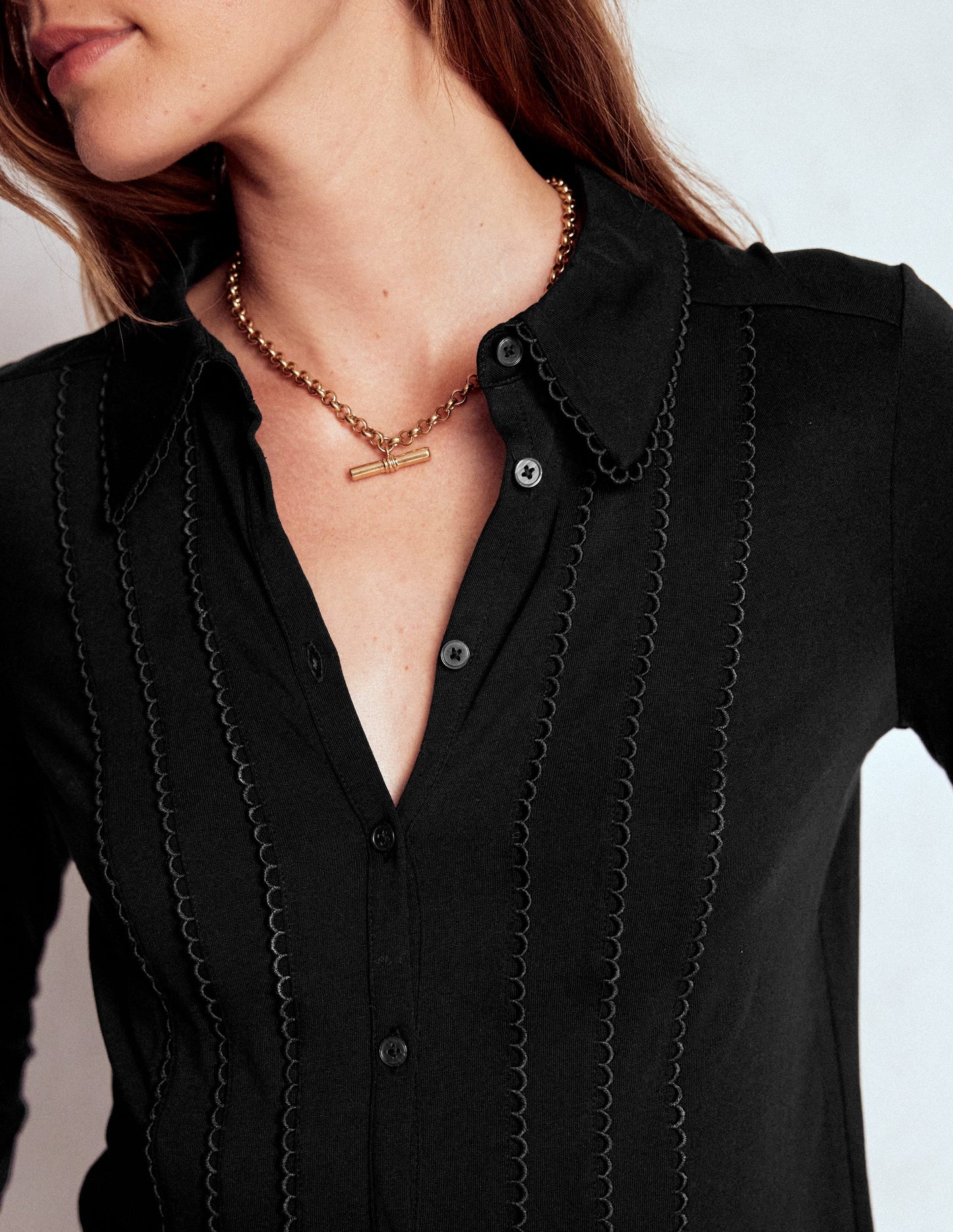 Picot Trim Jersey Shirt-Black