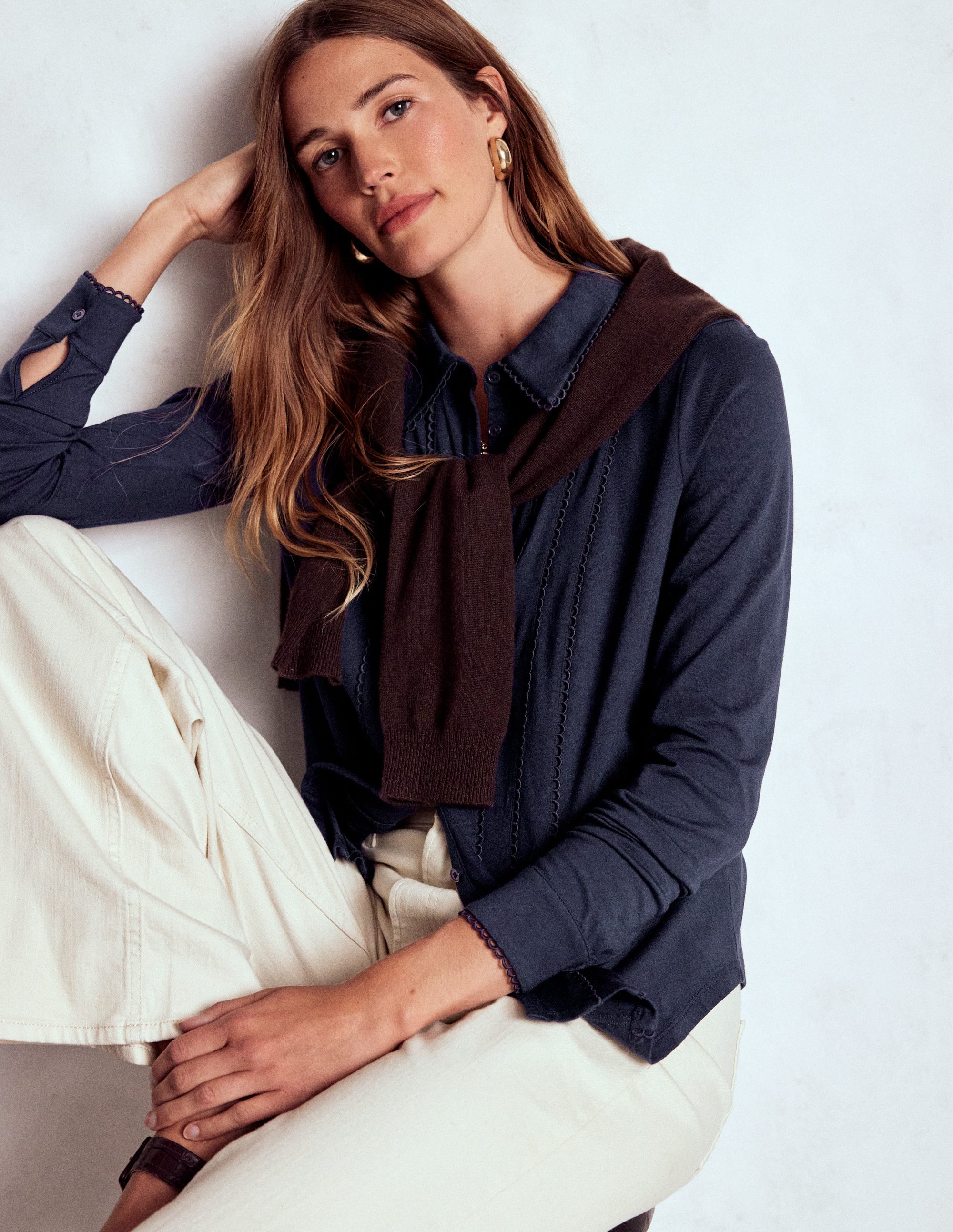 Picot Trim Jersey Shirt-Navy - Image 1