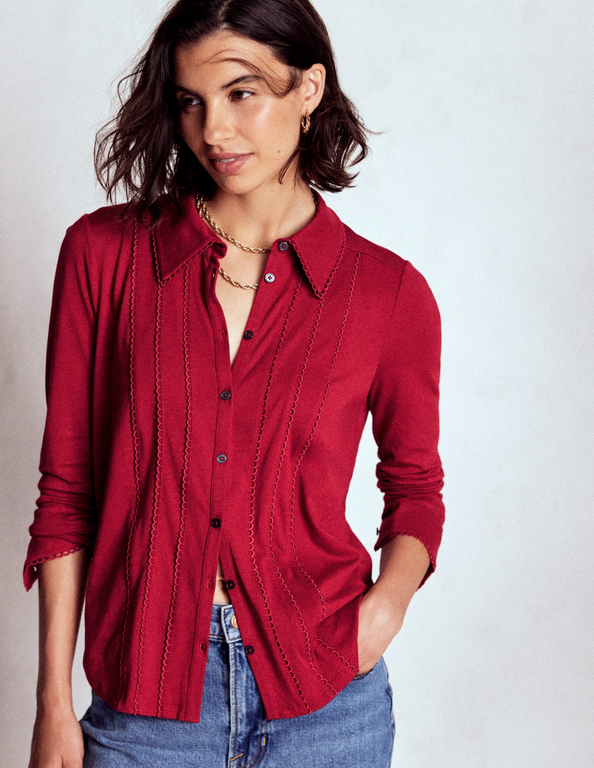 Picot Trim Jersey Shirt-Crimson Red-4
