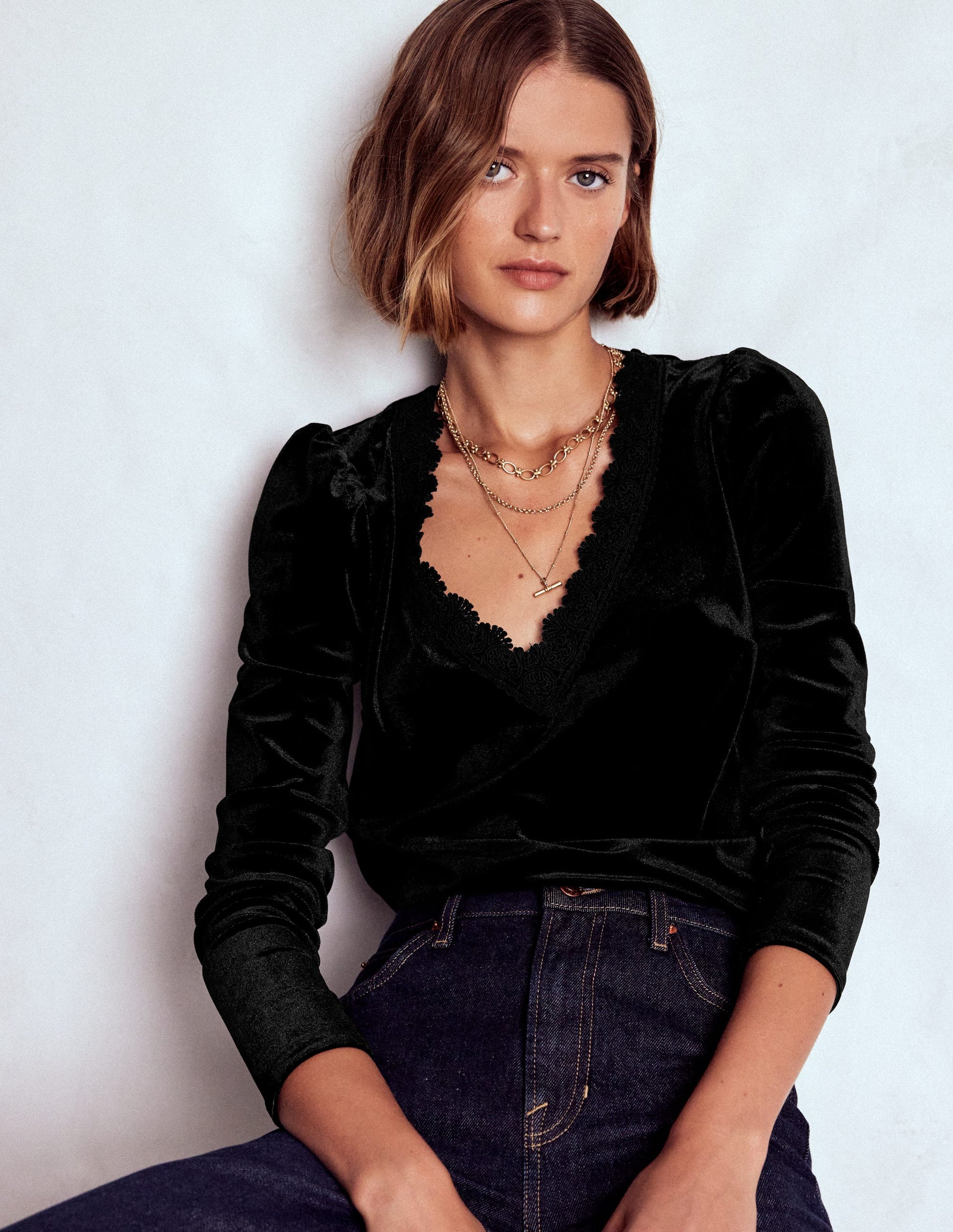 Flora V-Neck Velvet Top-Black-1