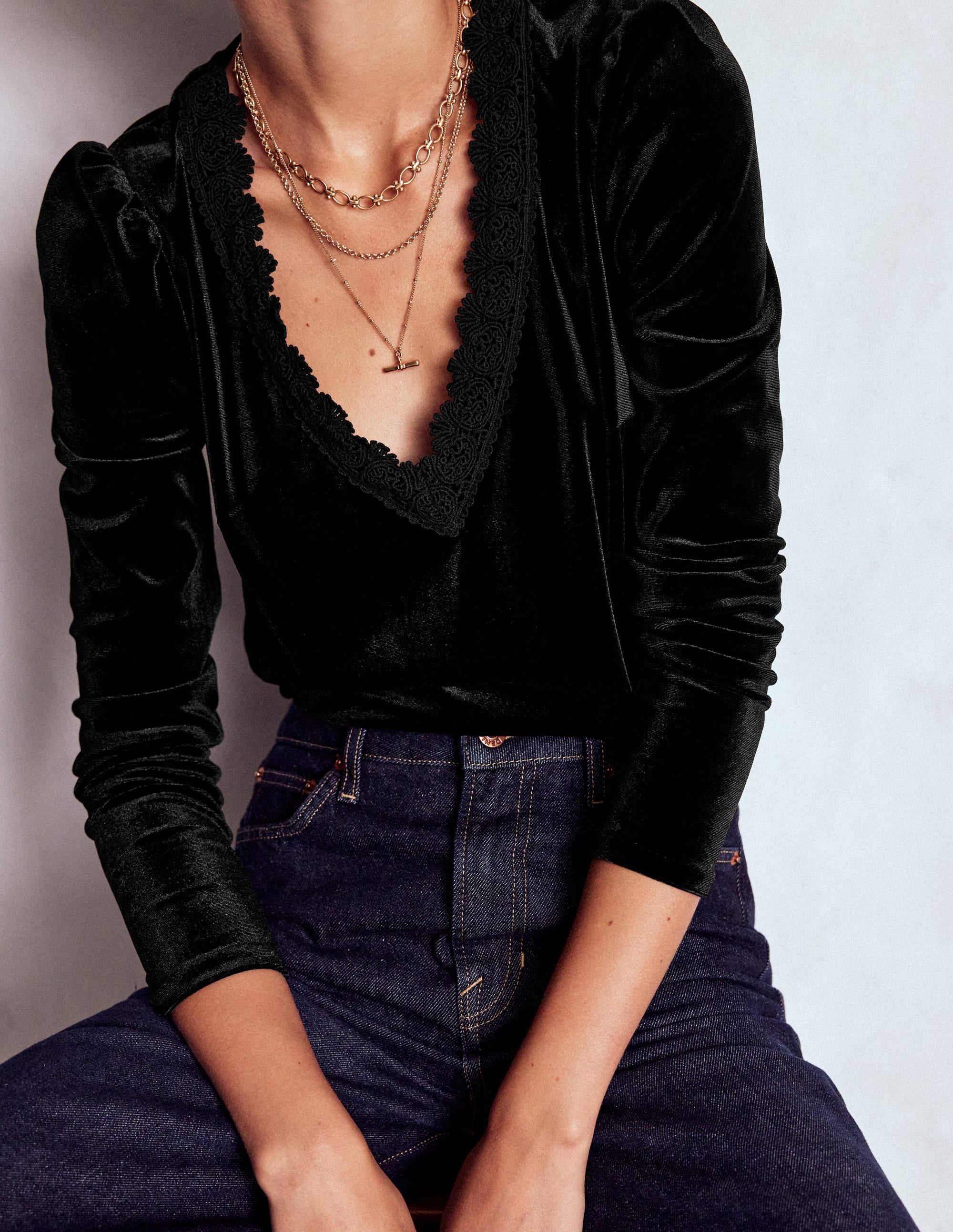Flora V-Neck Velvet Top-Black | Boden USA