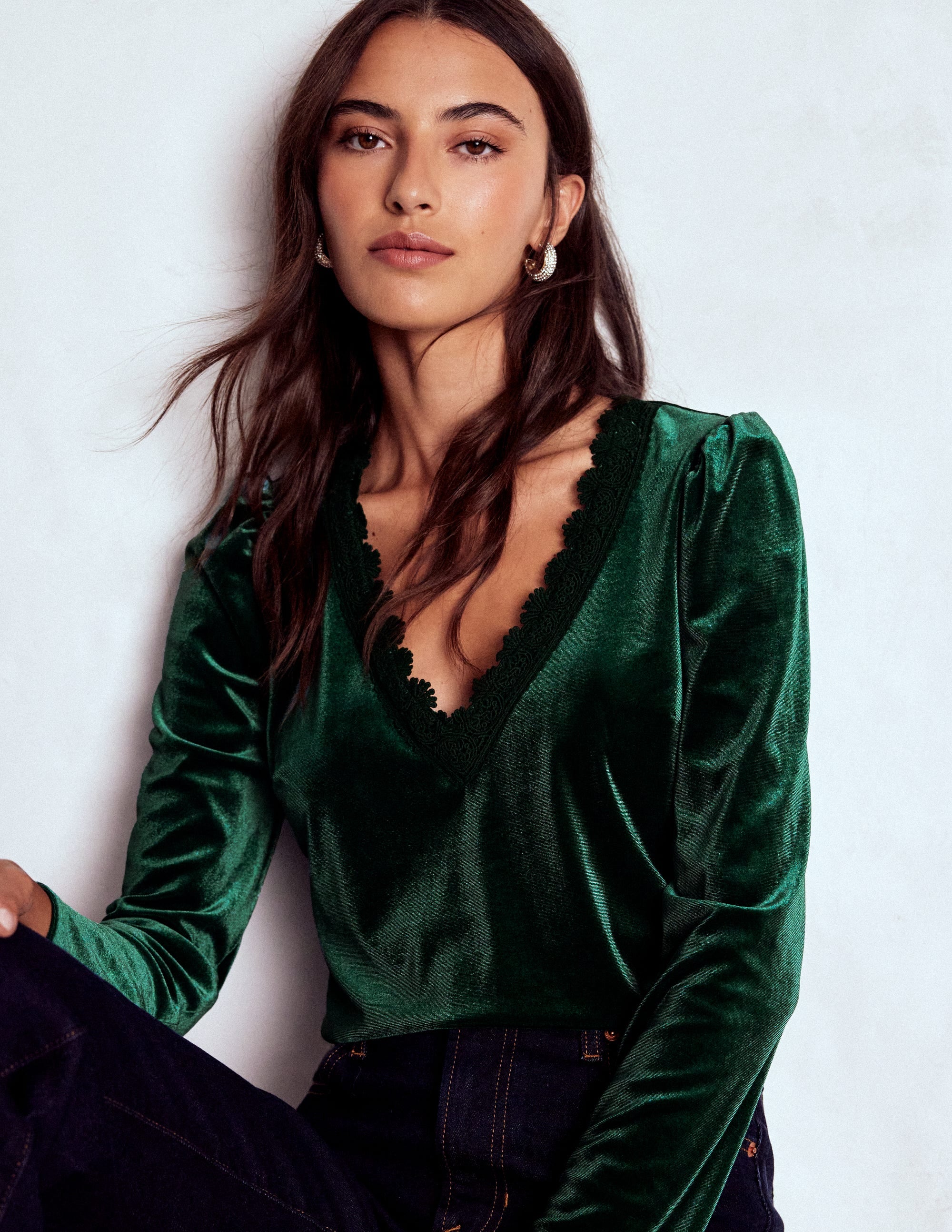 Flora V-Neck Velvet Top-Emerald Night - Image 1