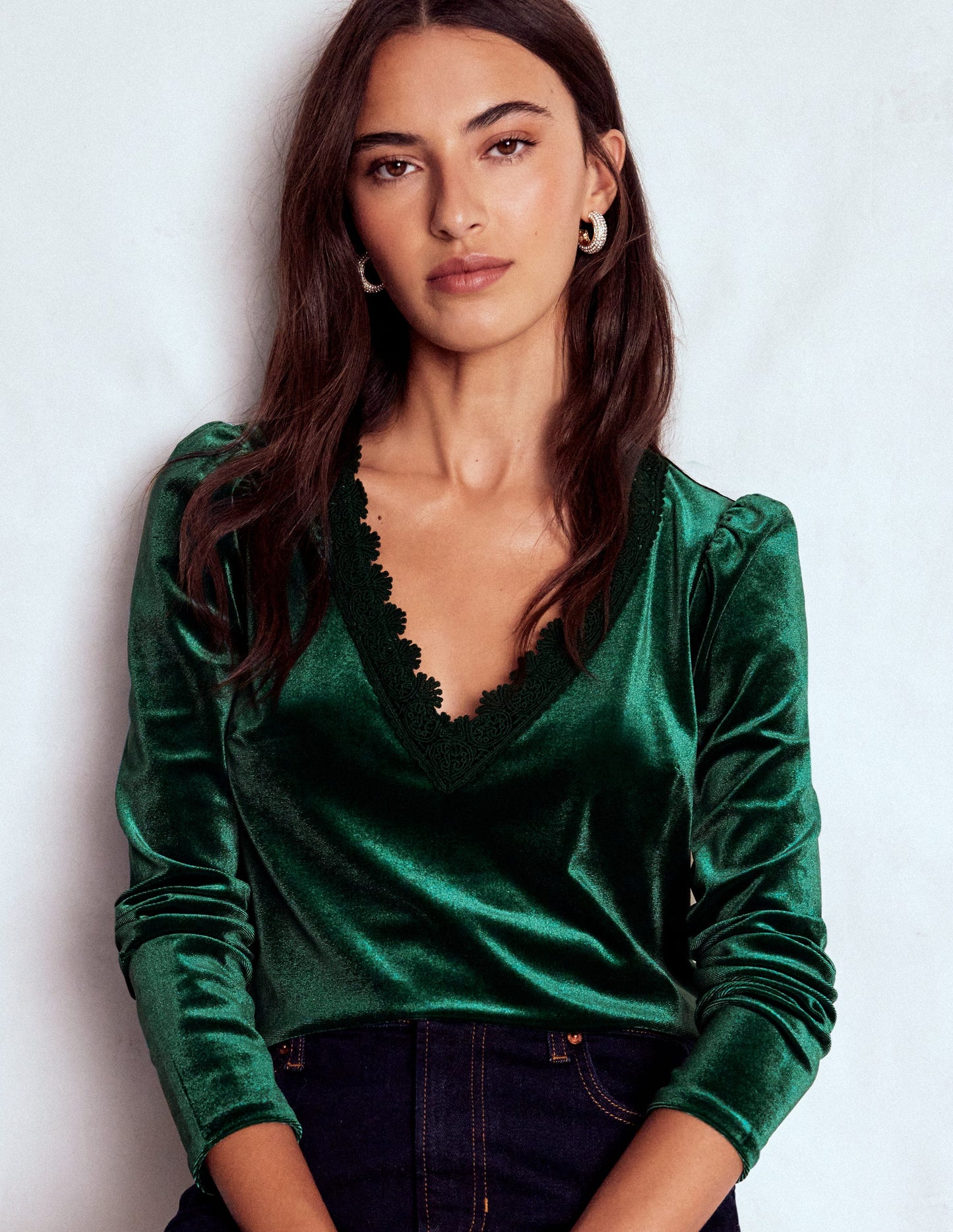 Flora V-Neck Velvet Top-Emerald Night