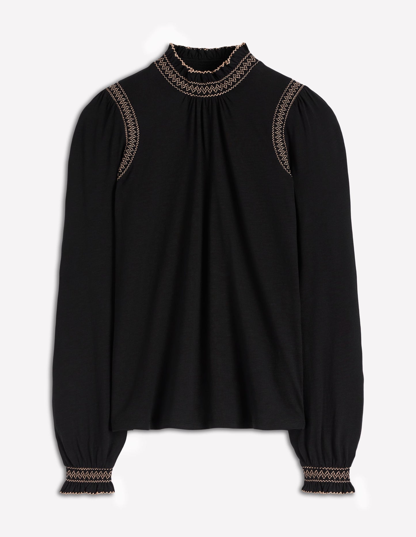 Tia Smocked Neck Jersey Top-Black