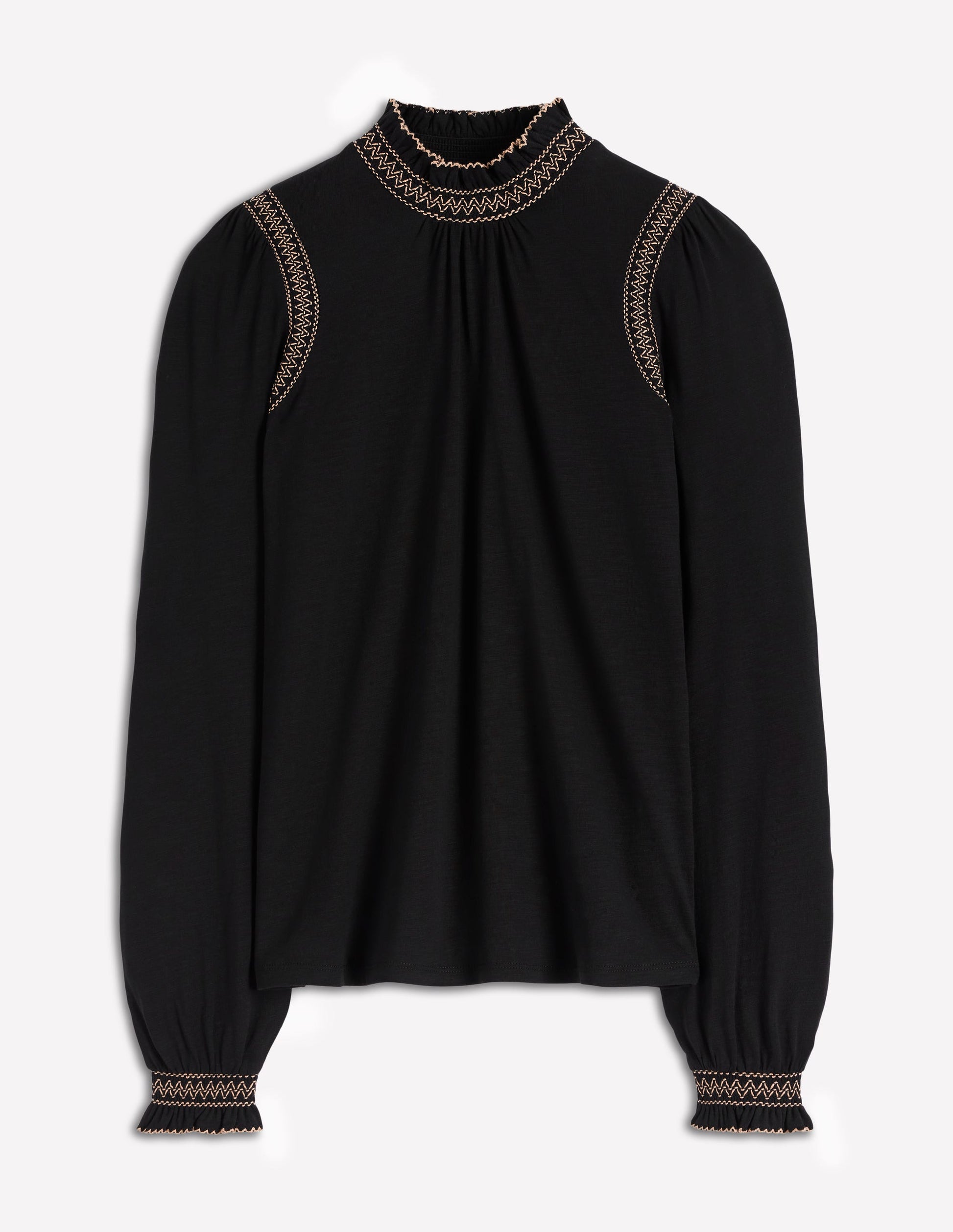 Tia Smocked Neck Jersey Top-Black-5