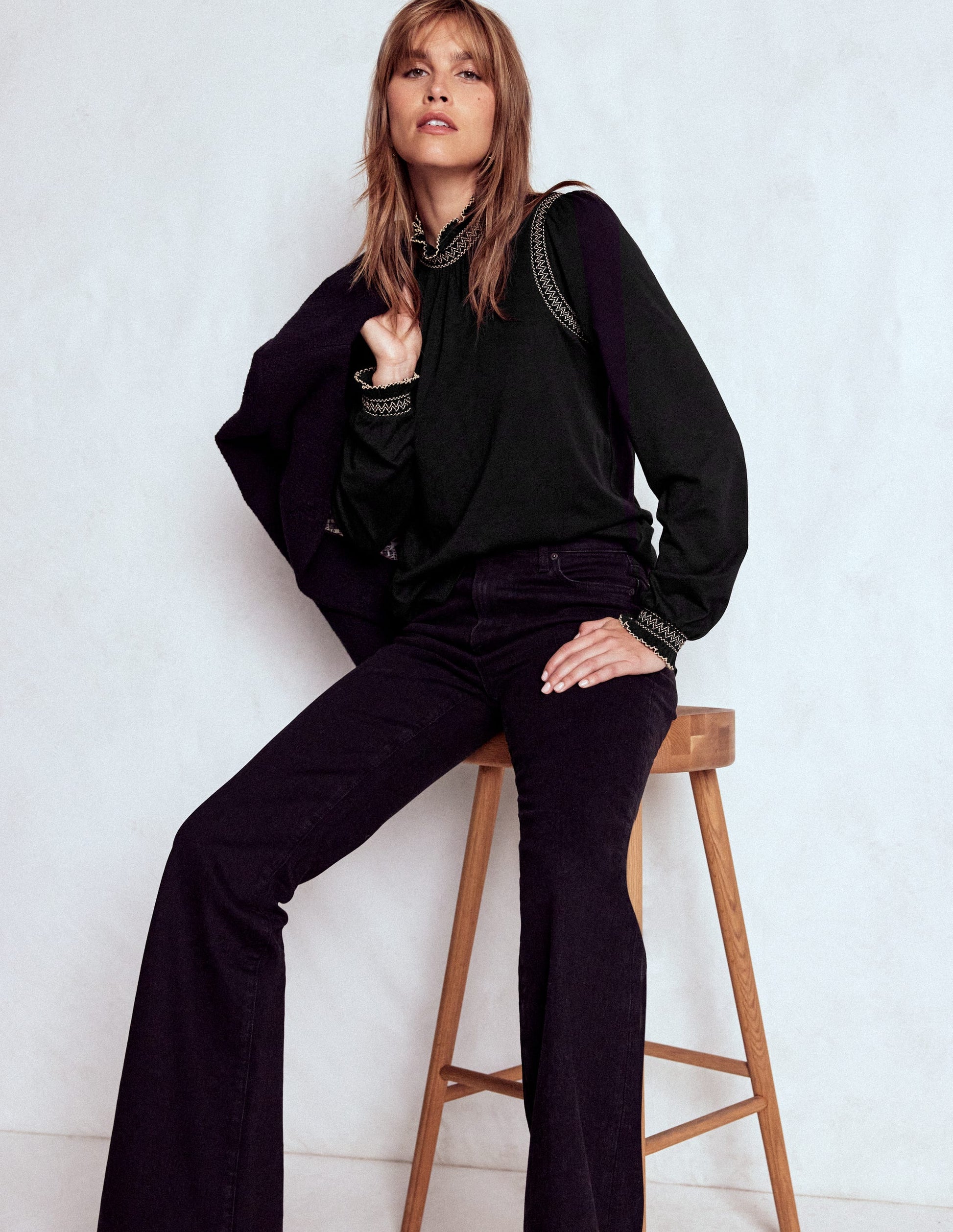 Tia Smocked Neck Jersey Top-Black-1