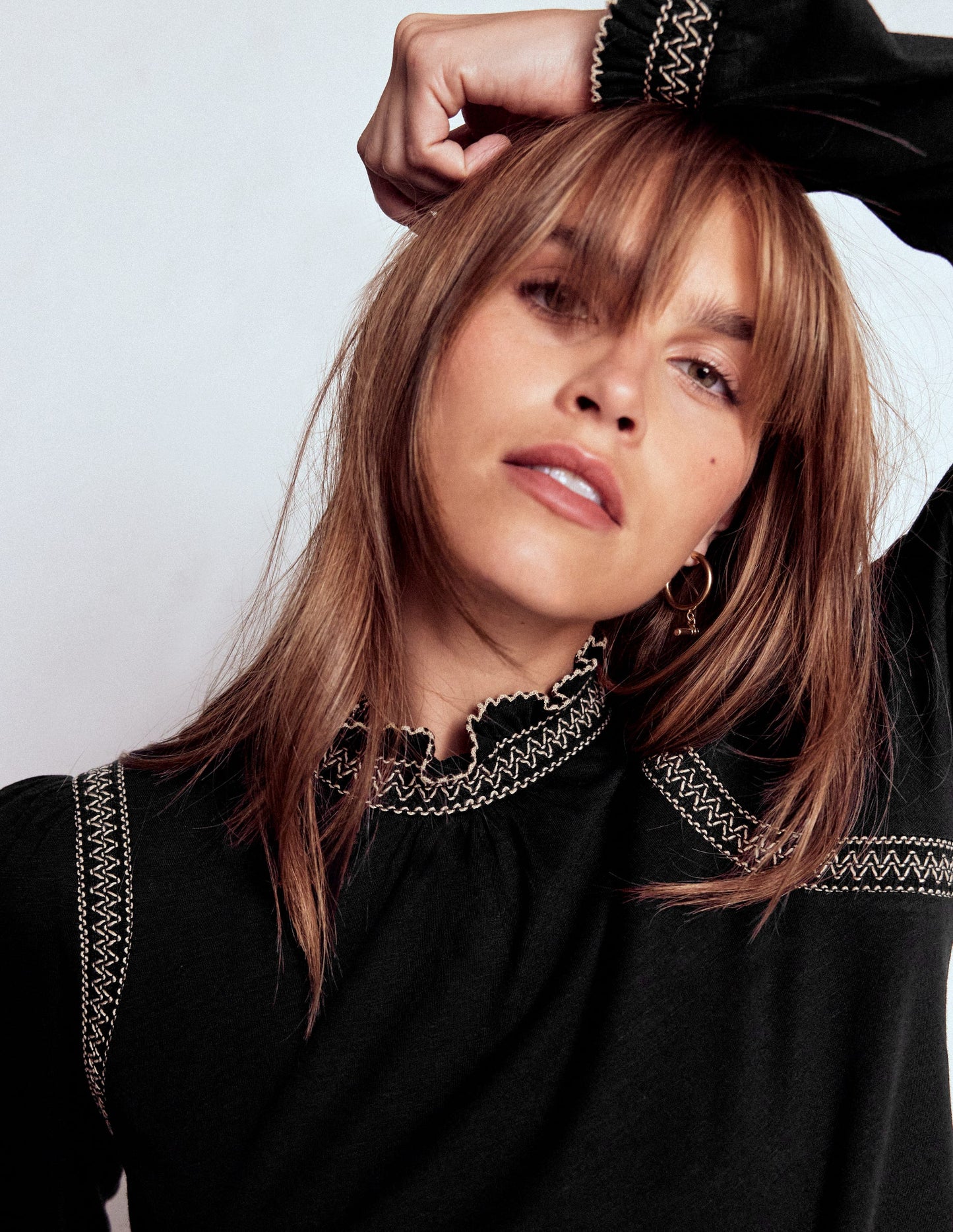 Tia Smocked Neck Jersey Top-Black