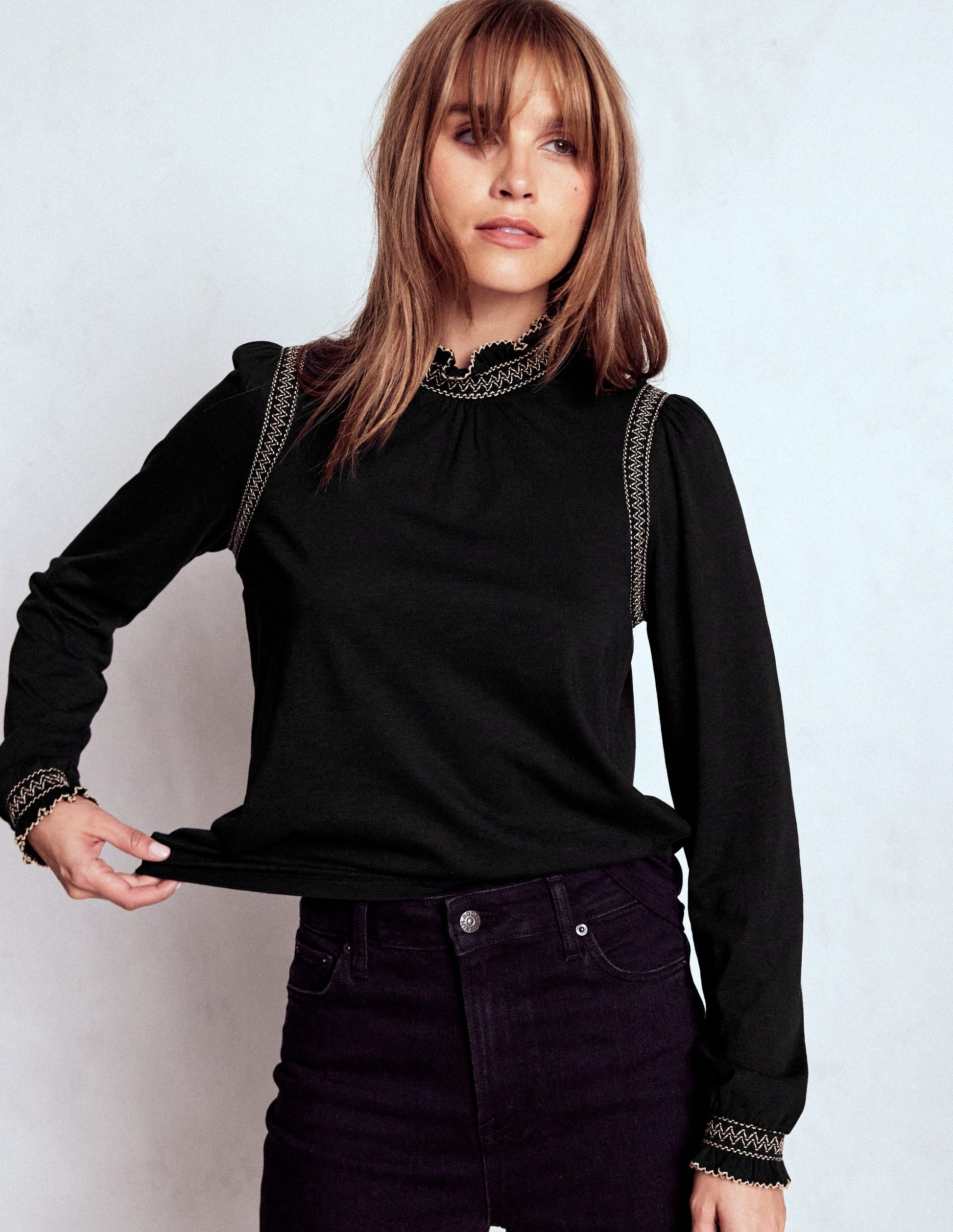 Tia Smocked Neck Jersey Top-Black-4