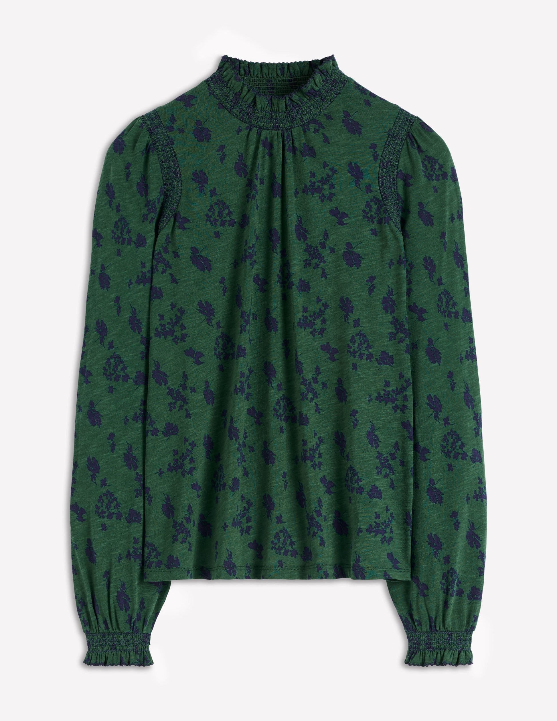 Tia Smocked Neck Jersey Top-Dark Green, Dainty Meadow-5