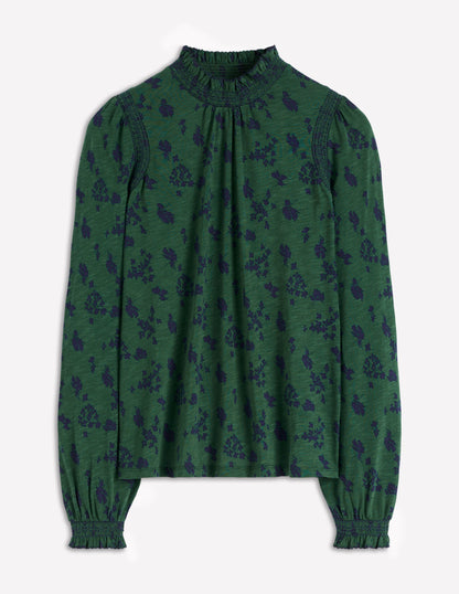 Tia Smocked Neck Jersey Top-Dark Green, Dainty Meadow-5