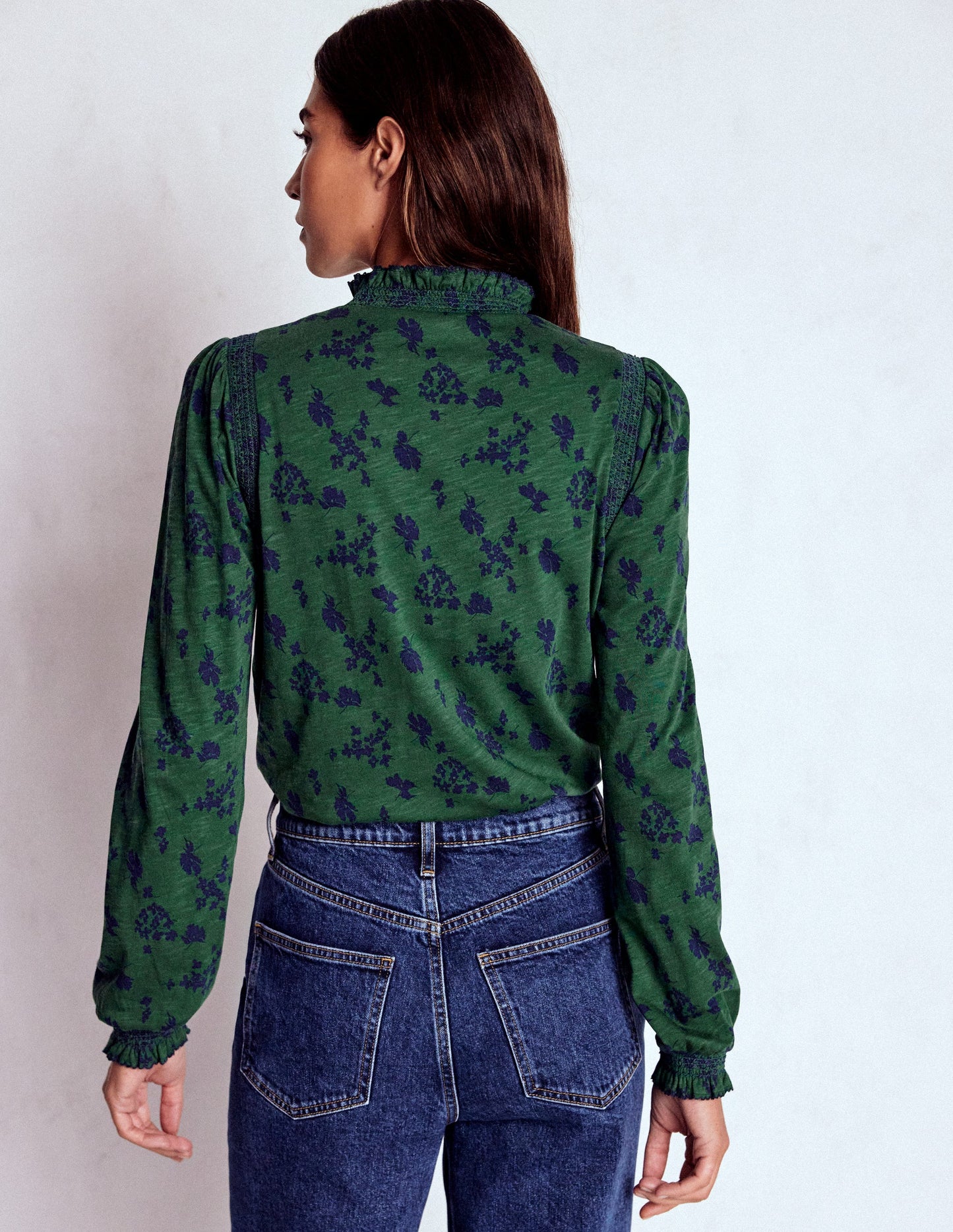 Tia Smocked Neck Jersey Top-Dark Green, Dainty Meadow