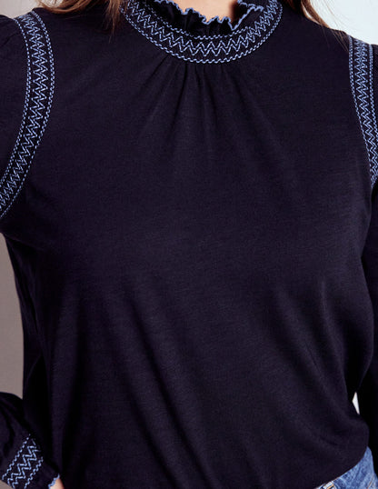 Tia Smocked Neck Jersey Top-Navy-2