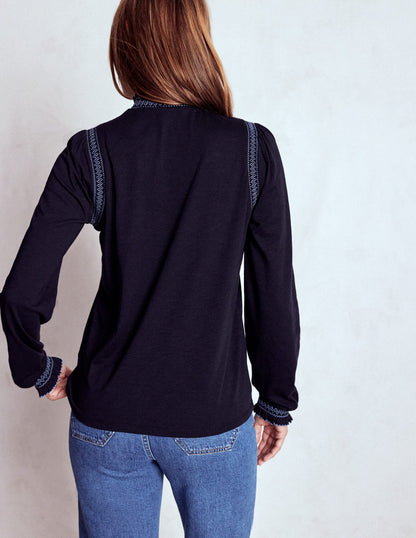 Tia Smocked Neck Jersey Top-Navy-3