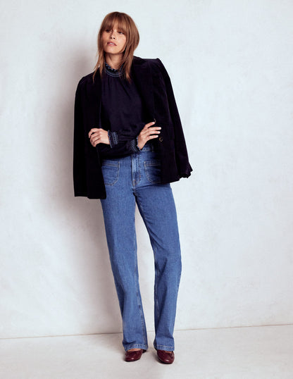 Tia Smocked Neck Jersey Top-Navy-4